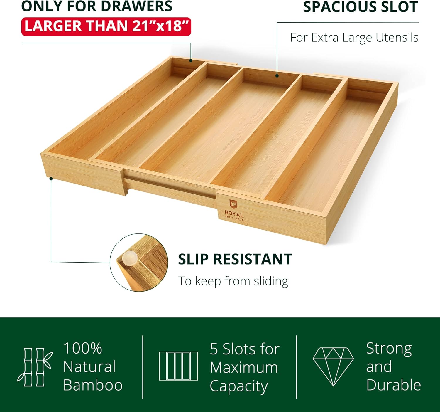 ROYAL CRAFT WOOD Luxury Bamboo Kitchen Drawer Organizer - Silverware Organizer - Utensil Holder and Cutlery Tray with Grooved Drawer Dividers for Flatware and Kitchen Utensils (5 Slot, Natural)