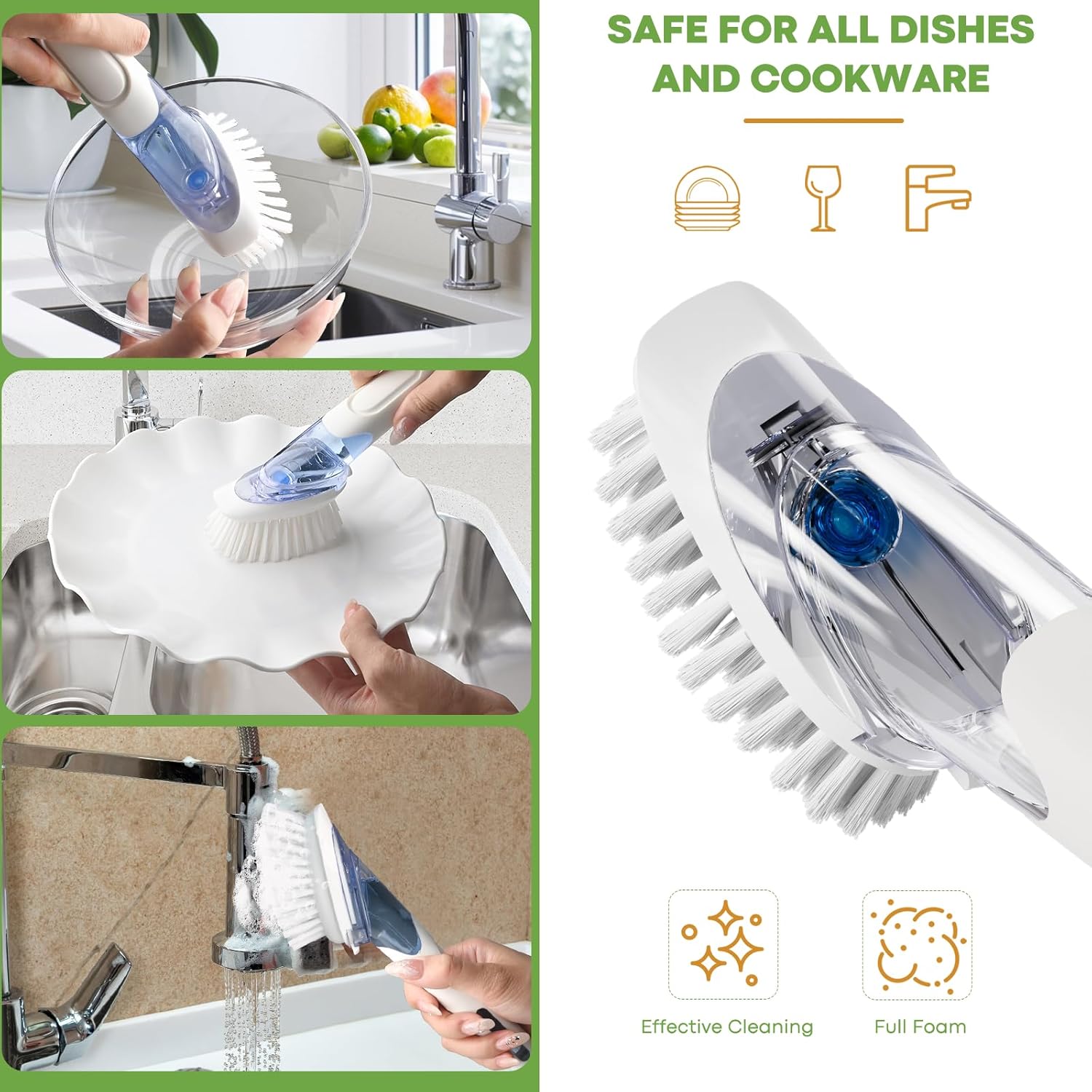 RIMAY Dish Brush with Soap Dispenser Storage Set, Soap Dispensing Dish Brush with 2 Pcs Brush Refills & Holder, Kitchen Dish Washing Wand with Handle for Dishes/Pans/Pots/Sink (White)