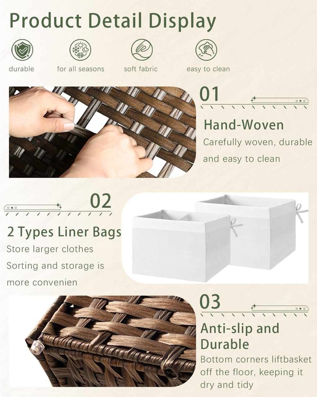 Storage Basket with Lid Rattan Storage Basket with 2 Separate Lid, 27.8 Gallon (105 L) 25.2 * 15.4 * 16.1 Inches Woven Wicker Baskets with 2 Liners and Handles for Bedroom Laundry-Brown