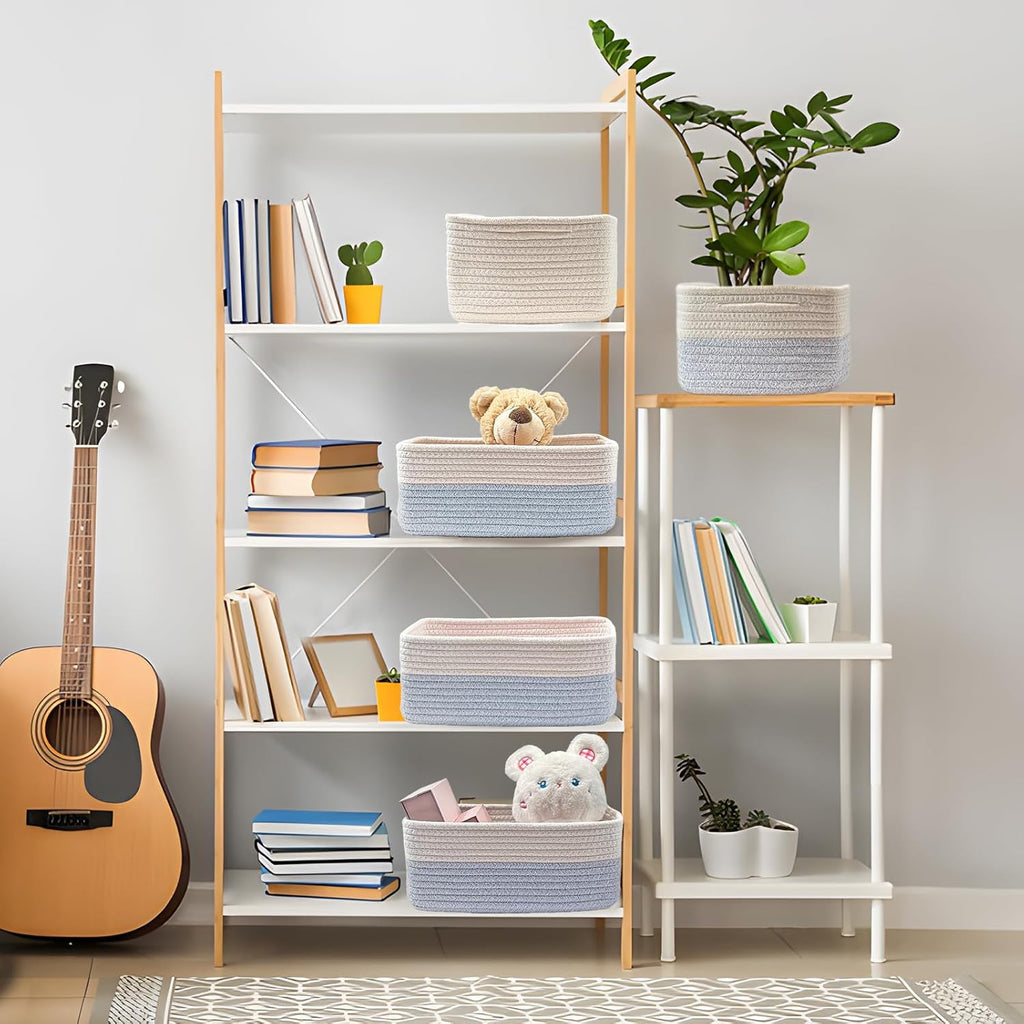 COMFY-HOMI 11.5"x7.5"x4.7" Storage Baskets for Organizing | Cotton Rope Woven Basket | Toy Storage Bin Box | Basket for Shelves, Closet Organizer Bin, Decorative Closet Shelf, 3 Pack, white/bule