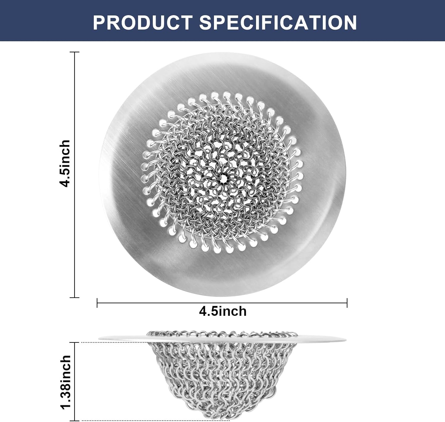 Sink Drain Strainer Kitchen Mesh Sink Strainer, Reversible Easy Clean Stainless Steel Large Kitchen Filter Trap Basket, Flippable Food Catcher for Garbage Disposal Without Clogging