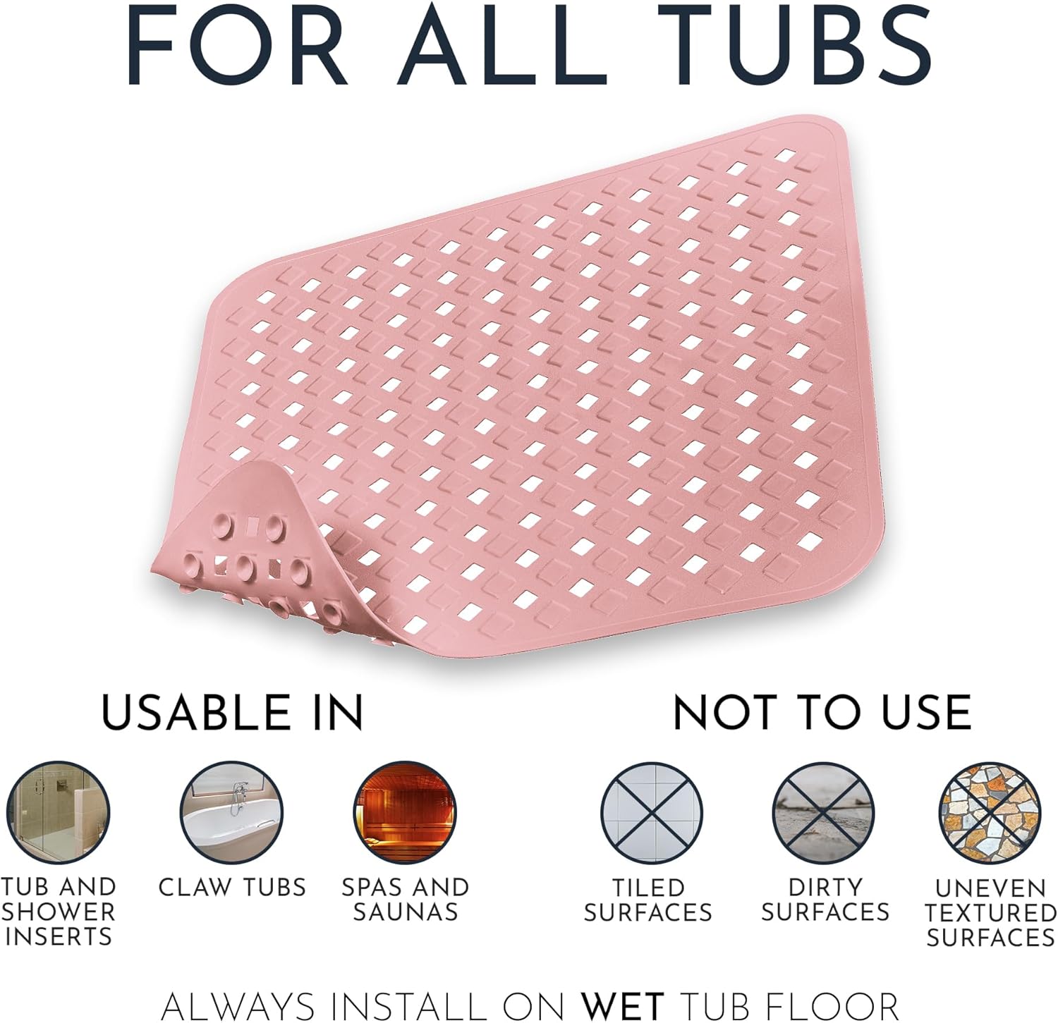 Homerella Anti Slip Shower Mat | Anti Mold Non Slip Bathtub Mat for Inside Shower | Square Floor Shower Mat 21 x 21 inch with Suction Cups for Grip & Hooks Hanging and Quick Drying | Machine Washable
