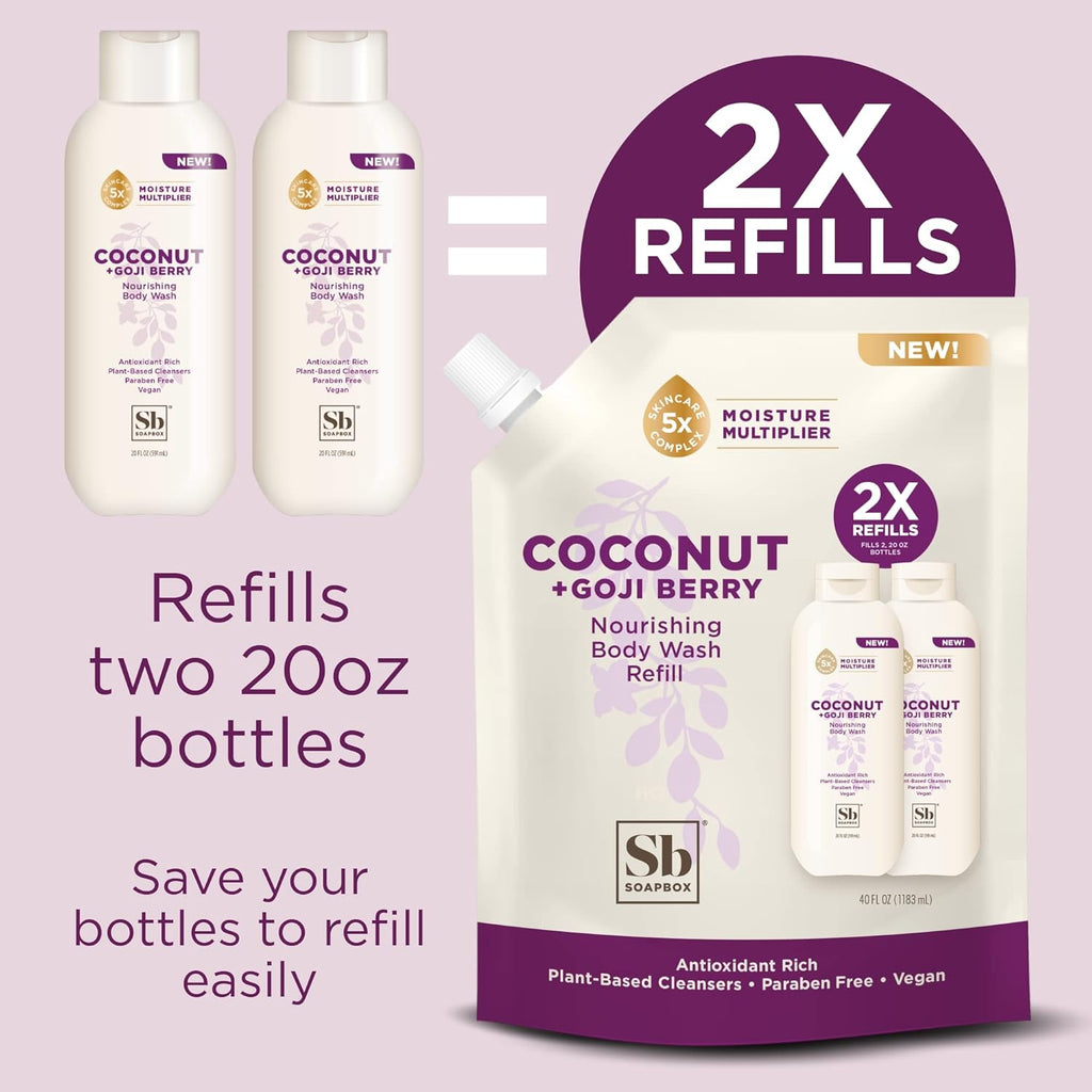 Soapbox Body Wash Refill, Coconut + Goji Berry Body Wash Refill Pack, Bulk Soap Pouch, Vegan + Antioxidant Rich Moisturizing with Shea Butter, Peptides & Keratin Promoting B3, 40oz
