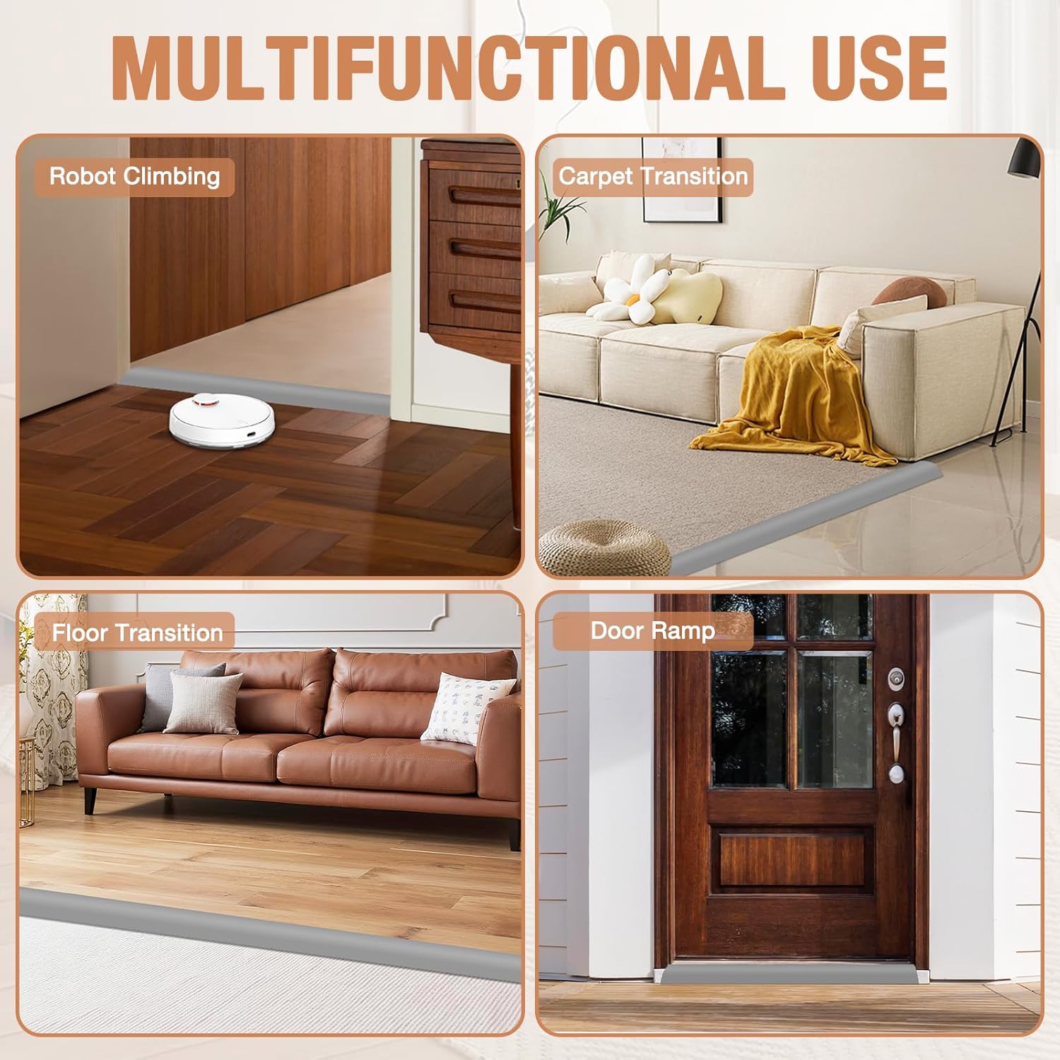 Floor Transition Strip Self Adhesive Vinyl Door Threshold for Doorways Carpet Edging Trim Overlap Edge Reducer for Laminate Floor, Carpet, Tile (Gray, 3/5" to 4/5", 10Ft)