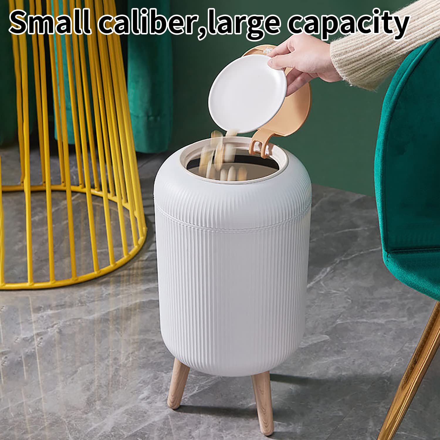 Trash Can With Lid for Bathroom, 2 Gallon/10 Liter Round Garbage Bin With Press Top, Plastic Modern Wastebasket With Soft Close, Container for Bedroom, Living Room, Office (White)