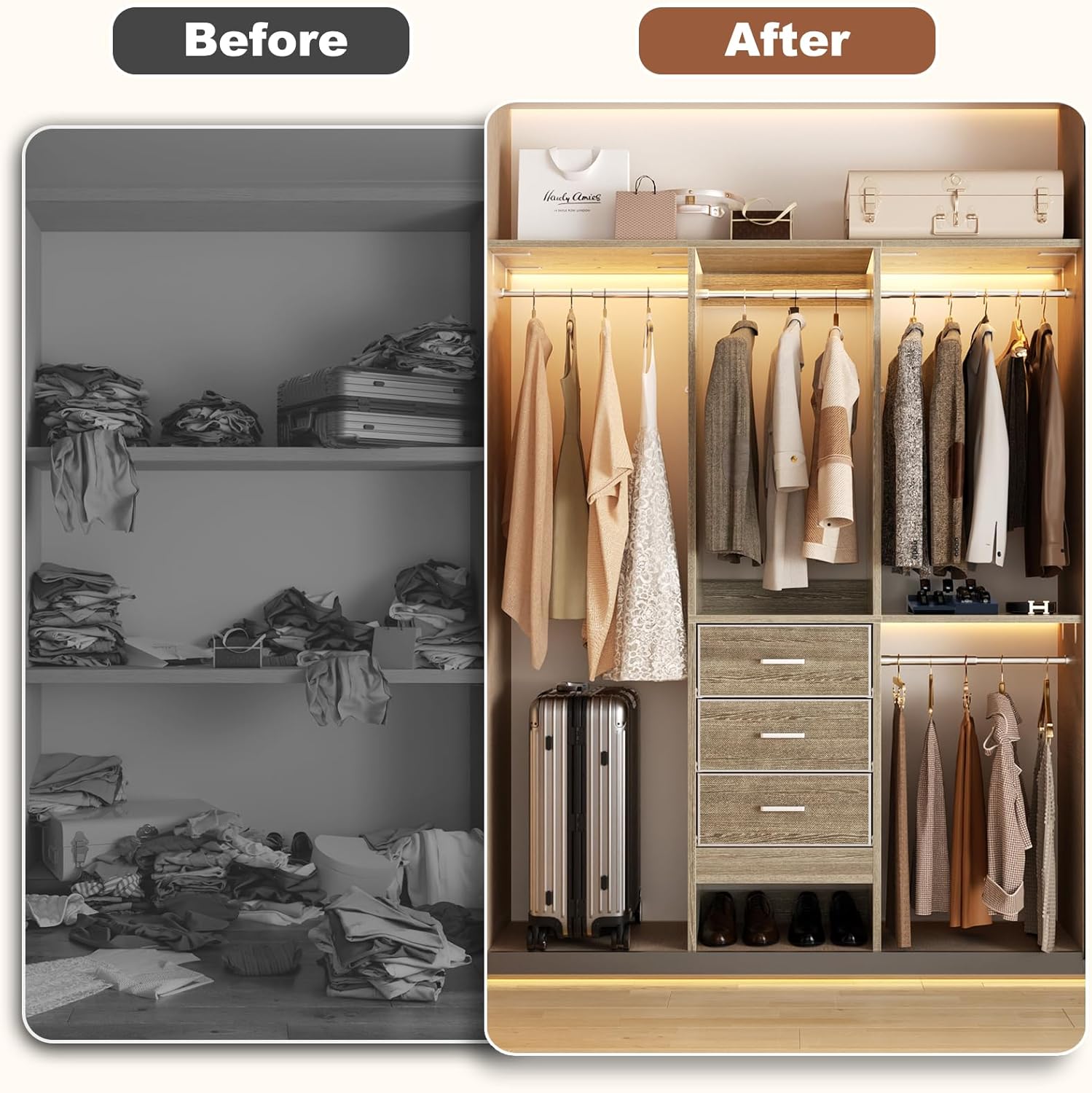 4FT Small Closet System with 3 Fabric Drawers, 48'' Closet Organizer System With 3 Adjustable Shelves, Flexible Built-In Clothes Garment Rack for Small Space, 48"L x 13"W x 71"H, White Oak