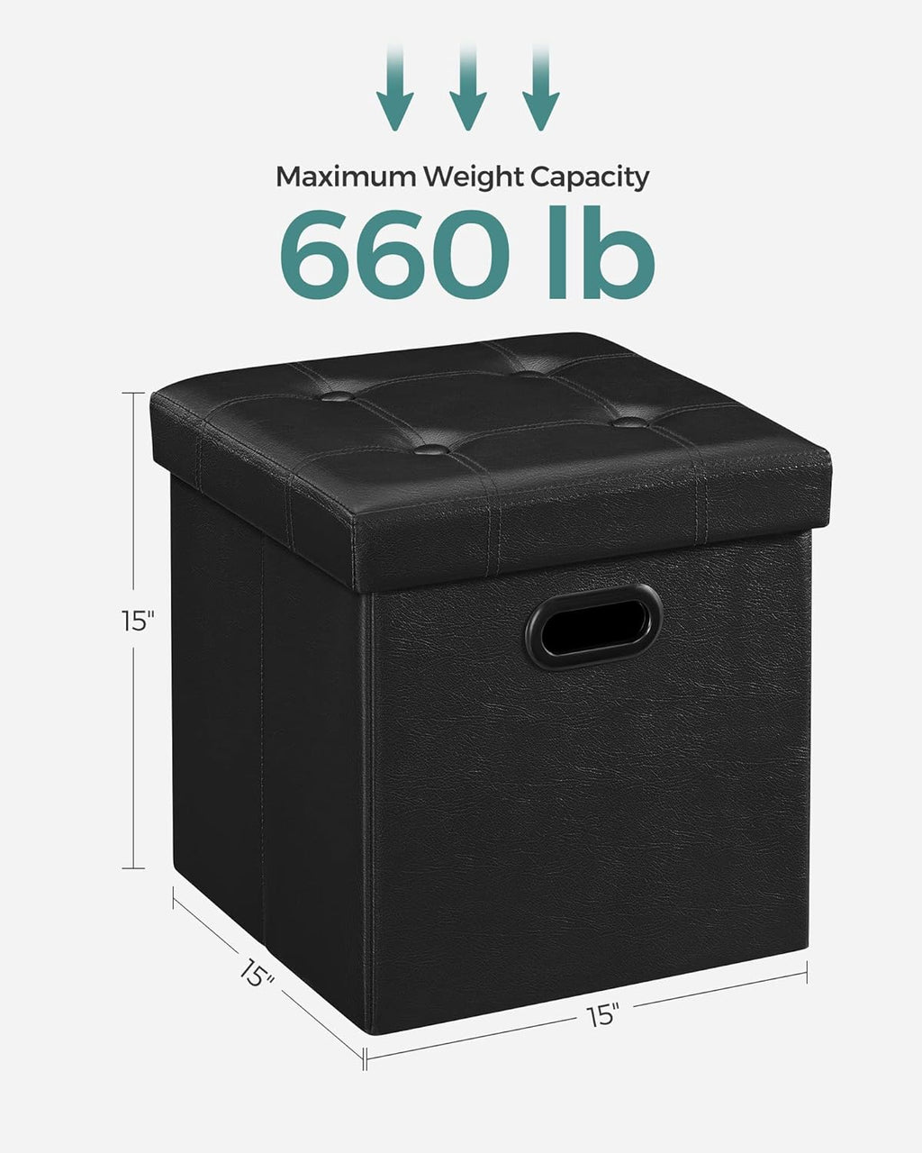 SONGMICS MAZIE Collection - 15 Inches Ottoman with Storage, Footstool, Storage Ottoman with Metal Grommet Handles, Load 660 lb, for Dorm, Living Room, Bedroom, Synthetic Leather, Black ULSF30B