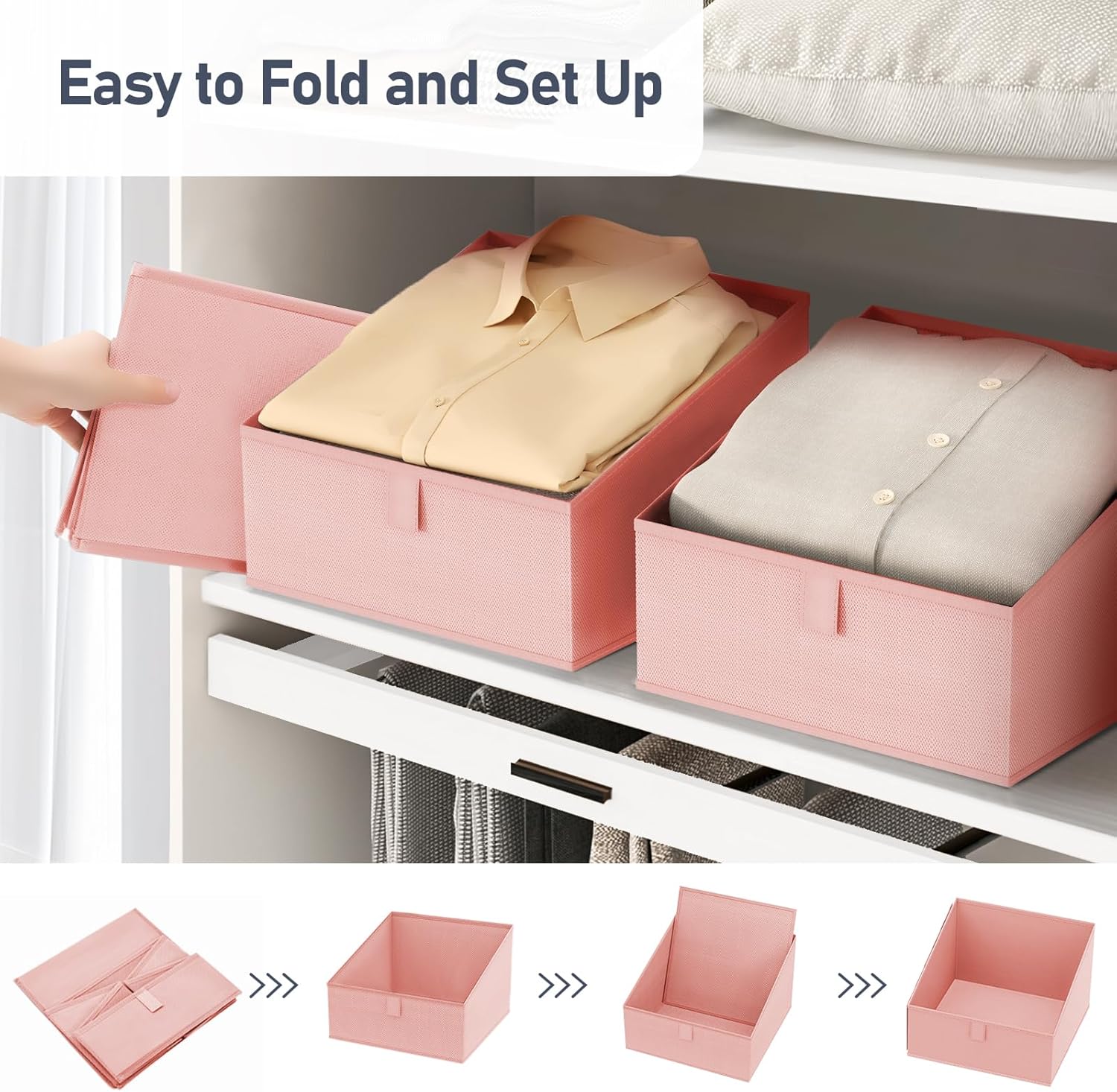 DIMJ Closet Storage Bins 8 Pack - Fabric Trapezoid Closet Organizer Bin, Foldable Storage Baskets for Shelves, Closet Shelf Organizer, Clothing Storage Box for Toys, Books, Towel, Clothes, Pink