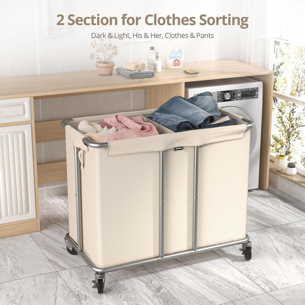 230L Rolling Laundry Hamper, 2-Section Laundry Basket with Wheels, 61 Gallons Laundry Sorter with Metal Structure and Removable Liner, Clothes Hamper for Laundry Room, Bathroom, Bedroom, Beige