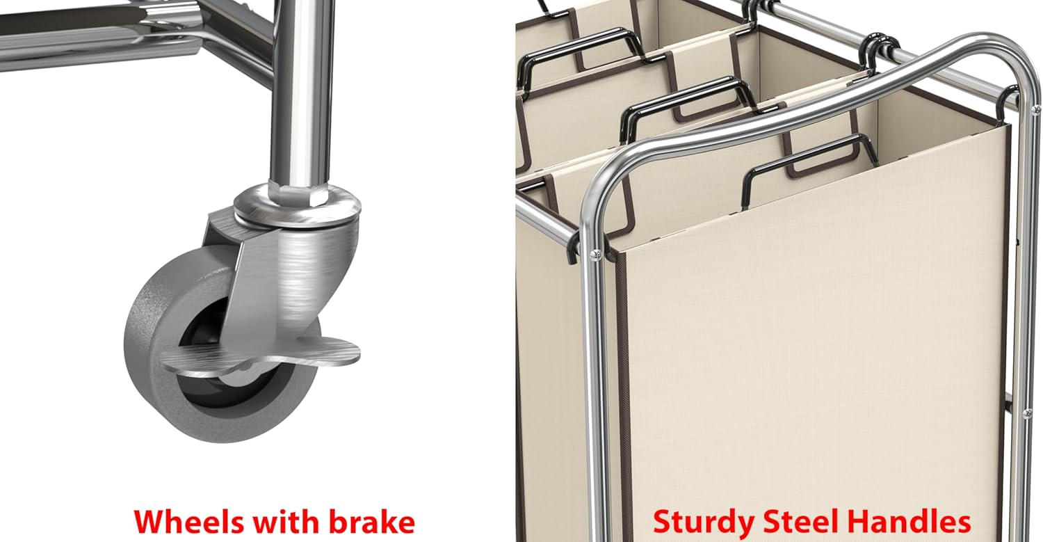 Simple Houseware Heavy-Duty 3-Bag Laundry Sorter Cart, Chrome