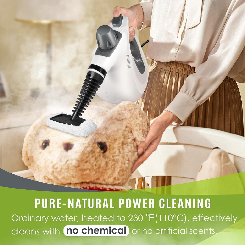 Pressurized Handheld Multi-Surface Natural Steam Cleaner with 12 pcs Accessories, Multi-Purpose Steamer for Home Use, Steamer for Cleaning Floor, Upholstery, Grout and Car (Grey)