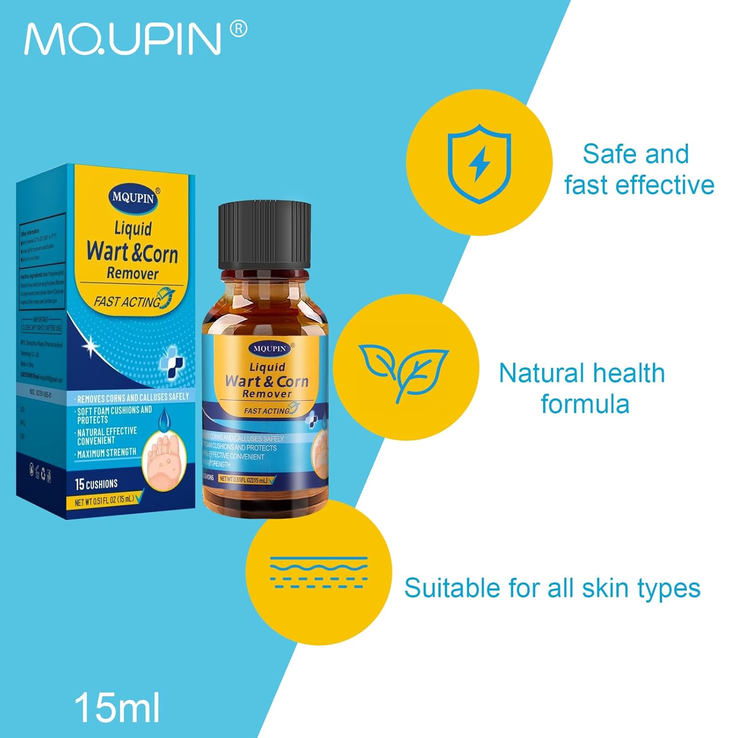 MQUPIN Liquid Corn Removers for Feet, Corn Remover for Toes-Fast Acting Liquid for Corn, Common and Plantar Removal-Safe Foot Care with Corn Cushions