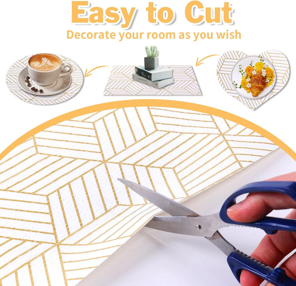 Shelf Liners for Kitchen Cabinets Non Adhesive Shelf Liner Paper Non-Slip Thickened Drawer Liner Easy to Clean for Tool Box Refrigerator with Knife and Tape Measure, Gold Geometric, 23.6 x 236.2 in