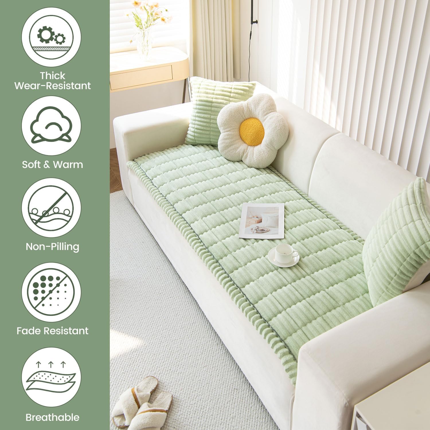 OTOB Couch Covers for 3 Cushion Sofa Pet Friendly, Plush Fuzzy Non Slip Sofa Covers Washable, Soft All Seasons Sofa Slipcovers Furniture Protector Dog Bed Mat (Matcha Green, 27.6" x 82.7")