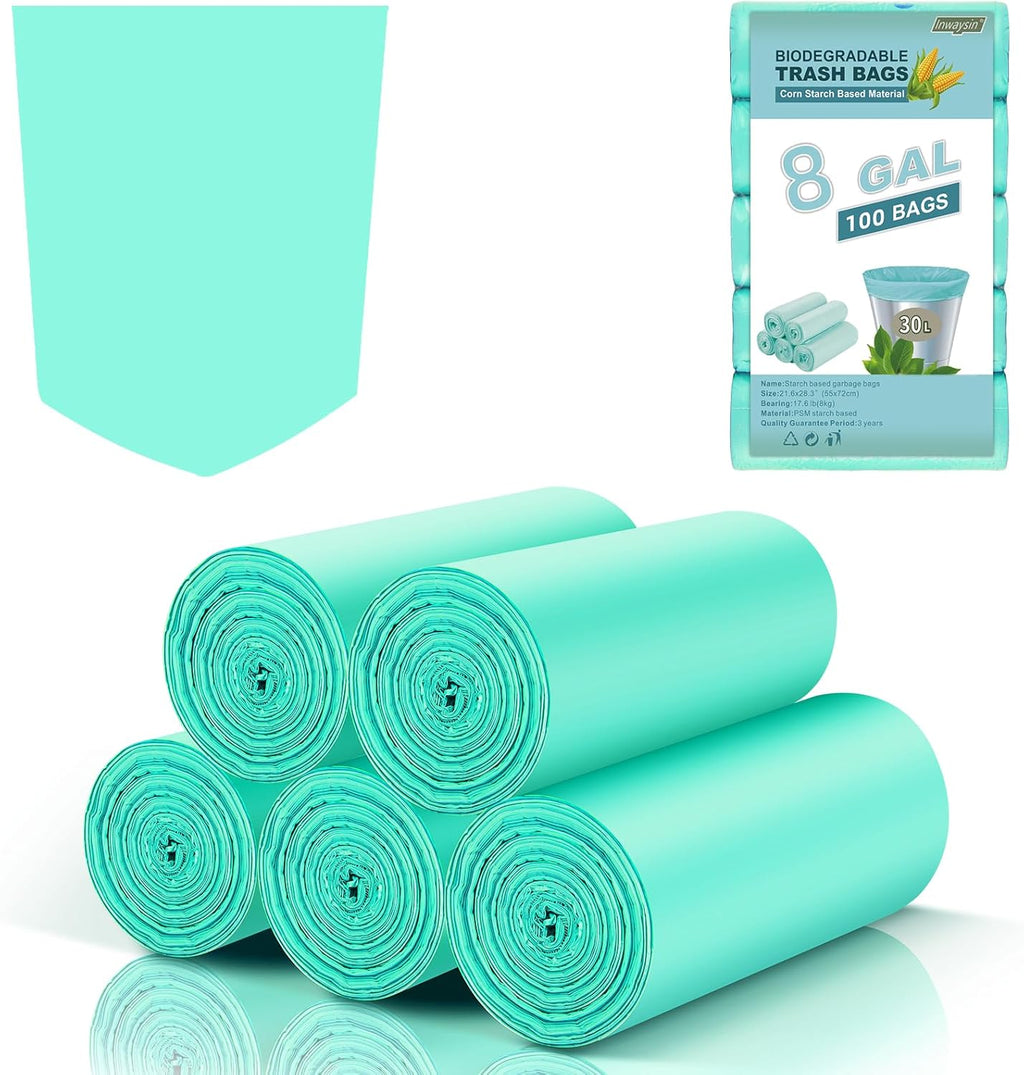 8 Gallon Medium Compostable Trash Bags - Strong Unscented Biodegradable Wastebasket Liners Thick Bathroom Garbage Bag for Kitchen Pet Car Inwaysin (Blue, 5Rolls 100 Count)