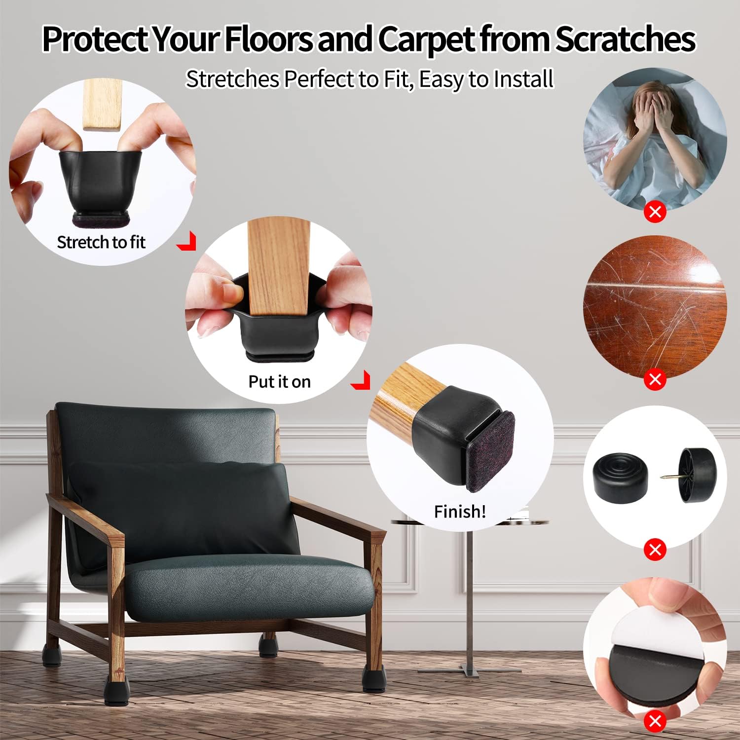 Ezprotekt 24 Pcs Square Silicone Chair Leg Floor Protectors for Wood Floors, Black Felt Furniture Pads Caps, Bar Stool Leg Floor Protectors Covers for Dining Table Chair (Fit 1.1"- 1.45")