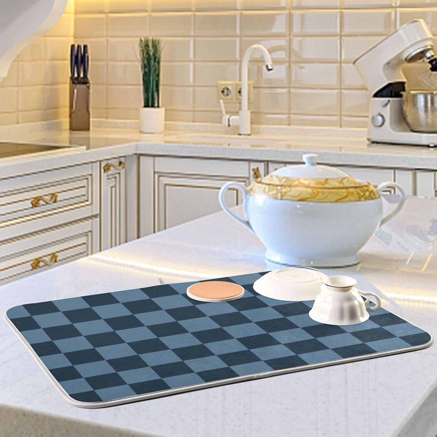 Buffalo Plaid Navy Blue Dish Drying Mat for Kitchen Countertop 18x24 Chessboard Rectangle Large Drying Mat Reusable Quick Dry Dish Sink Absorbent Mats Dishwasher Easy Clean Decorative Home Essentials