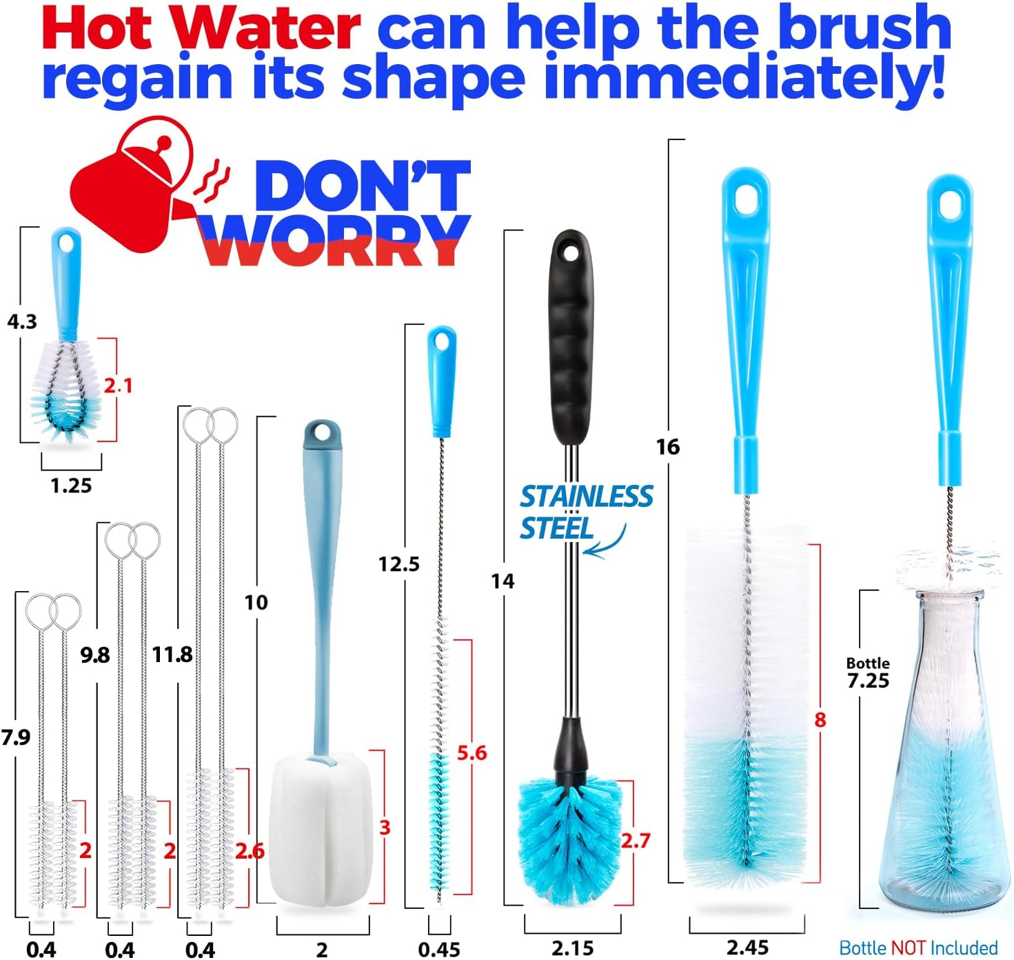 Holikme Bottle Brush Tube Cleaning Lab Set with Long Handle, Cup Cleaner for Washing Narrow Neck Beer Wine Decanter Pipes Lids Sinks Cap Covers, Azul