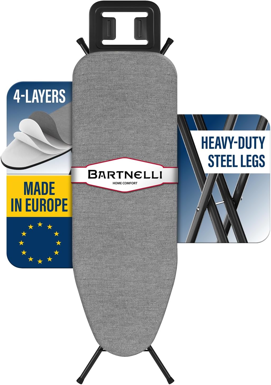 Bartnelli by Rorets Ironing Board Made in Europe | Iron Board with 4 Layered Cover & Pad, Height Adjustable up to 36" Features A Safety Iron Rest, 4 Steel Legs, for Laundry Room or Dorm Use (43x14)