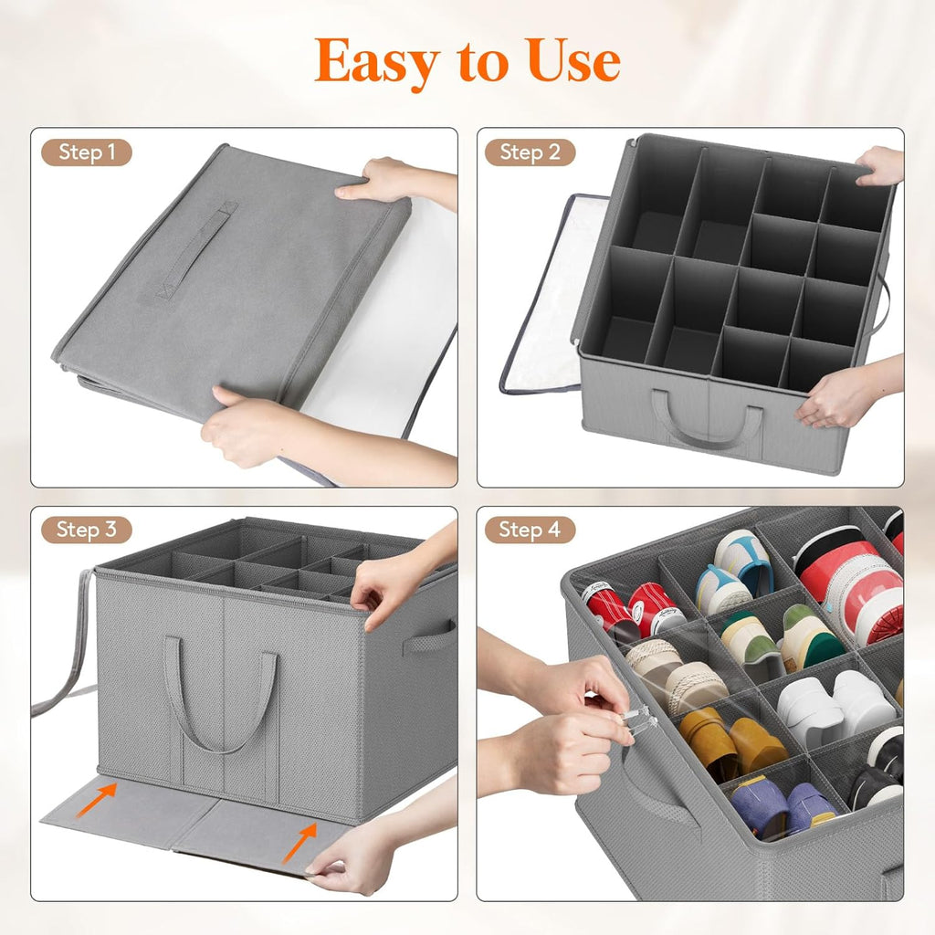Lifewit Shoe Storage Organizer for Closet Fits 12-16 Pairs, Fabric Large Shoe Box Storage Containers with Clear Cover, Foldable Bins Fit for Boots Sneakers 17"(L) x 17"(W) x 12.5"(H) 2 Pack Light Gray