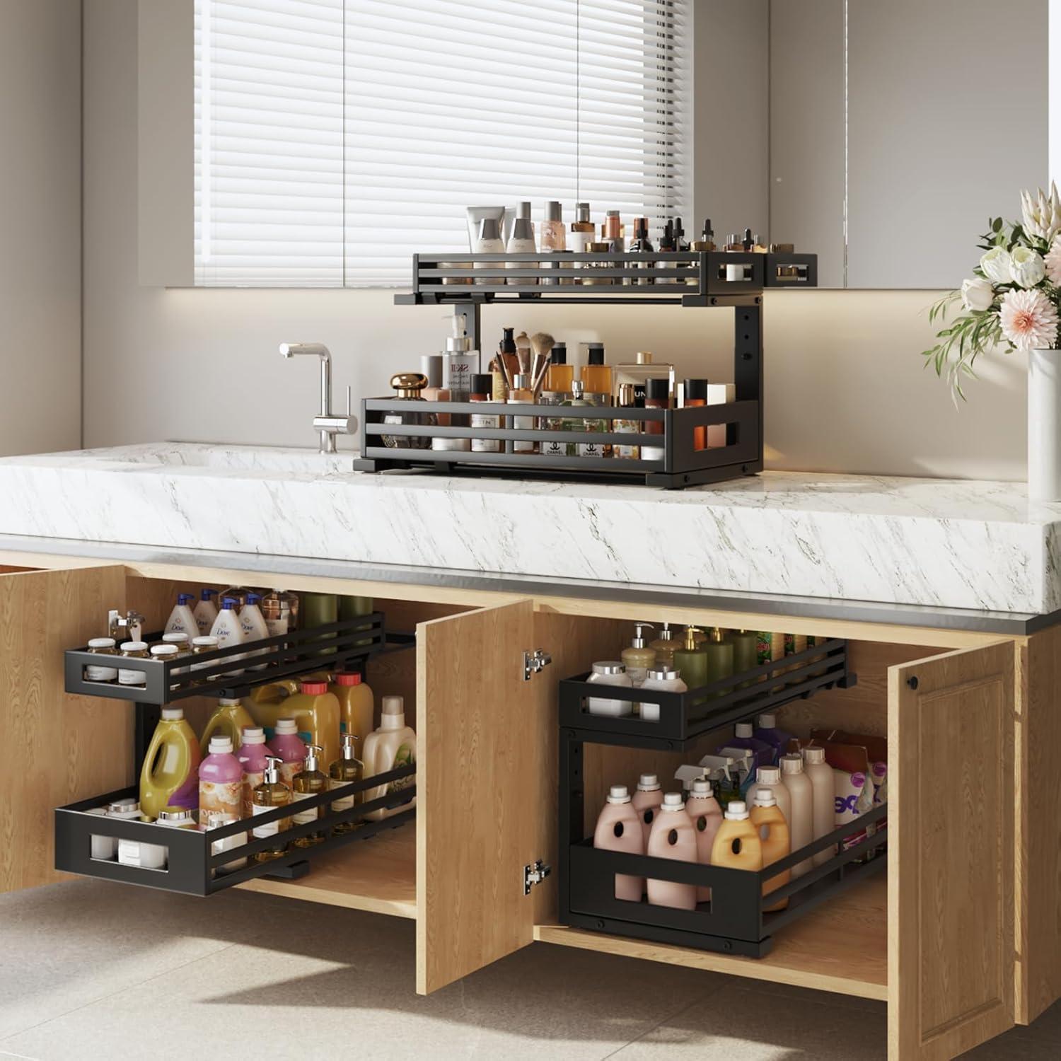2-Pack 19"Deep Under Sink Organizer And Storage, 2-Tier L-Shaped Pull Out Cabinet Organizer with Upgraded Slide Rails, Height Adjustable Drawers for Kitchen&Bathroom, Extra-Large Storage Shelves–Black