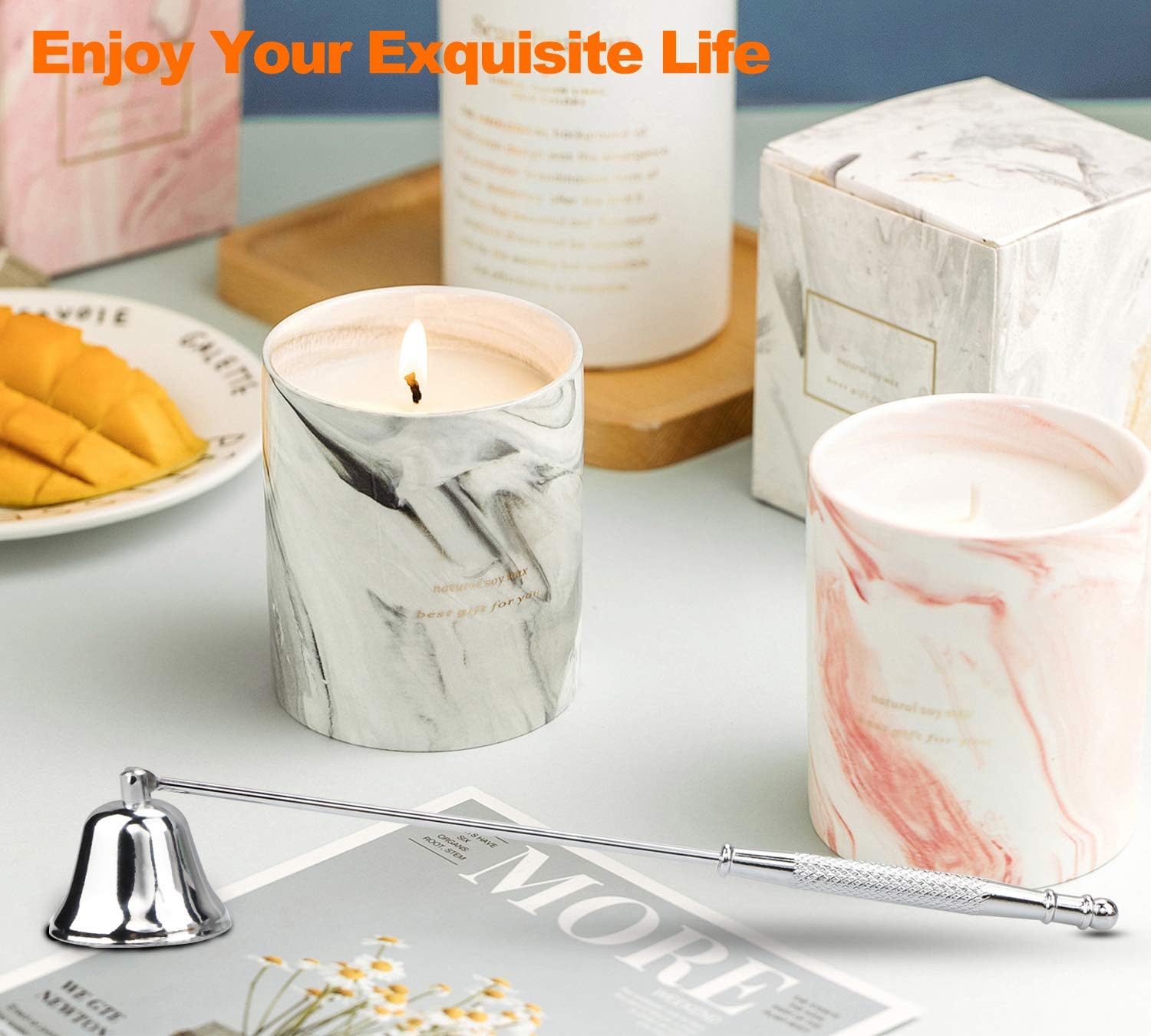 GOSGOONE Candle Snuffer, Elegant Candle Extinguisher with Long Handle, Hinged Candlesnuffers Wick Snuffer Candle Accessory for Putting Out Candle Flame Safely, Candle Stopper with Storage Bag (Silver)