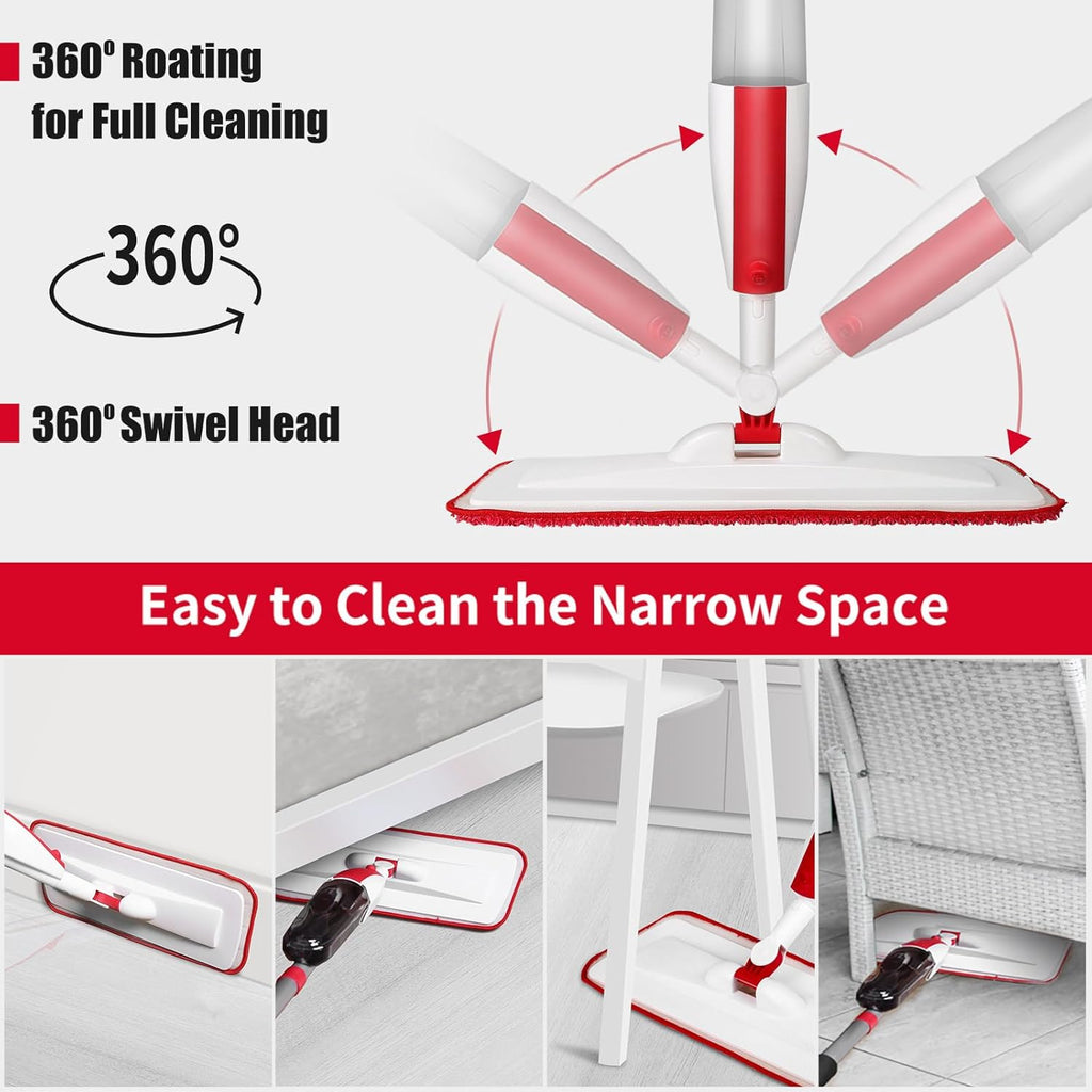 Spray Mops for Floor Cleaning Floor Mop with a Refillable Spray Bottle and 2 Washable Microfiber Pads Home or Commercial Use Dry Wet Flat Mop for Hardwood Laminate Wood (Red)