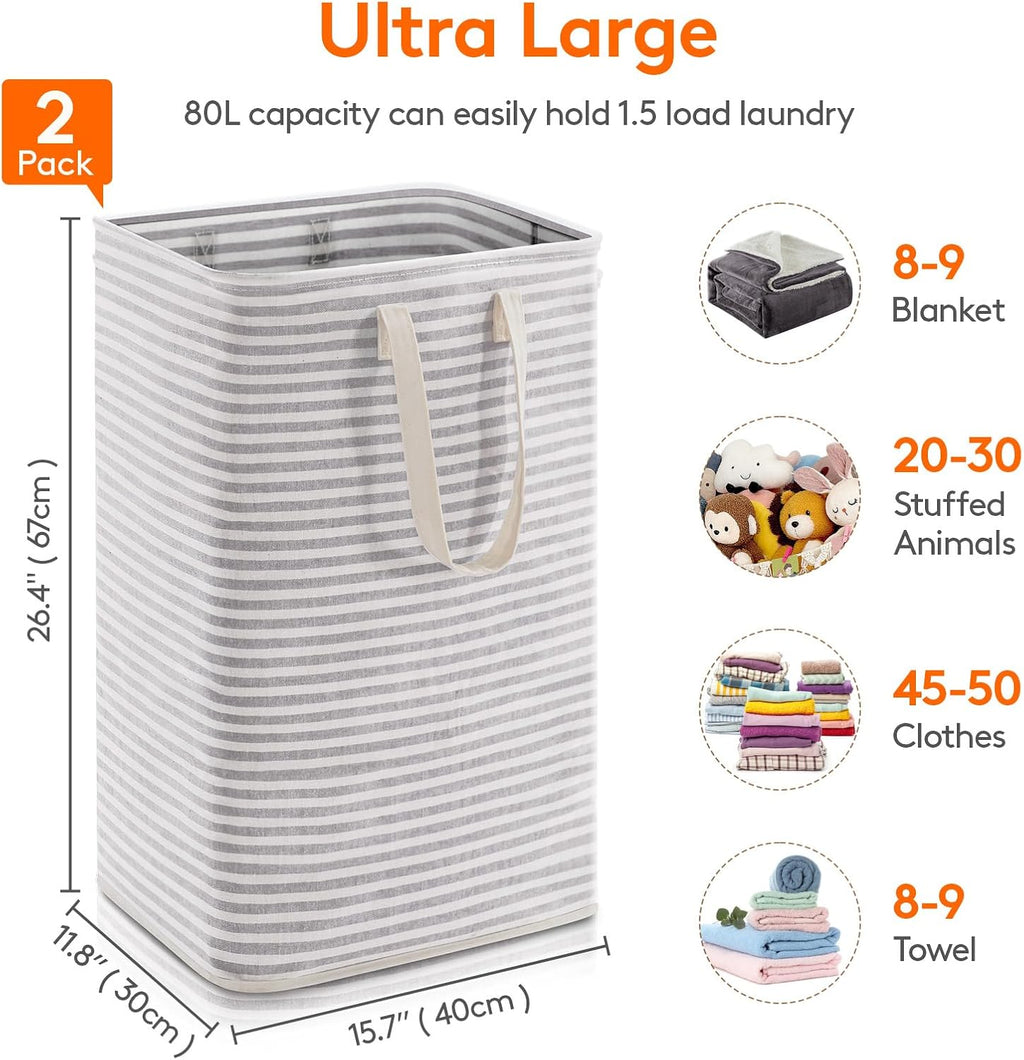 Lifewit 2 Pack Laundry Hamper Large Collapsible Laundry Baskets, Freestanding Waterproof Clothes Hamper with Easy Carry Handles in Laundry Room Bedroom Bathroom College Dorm for Adults, Grey, 2 x 80L