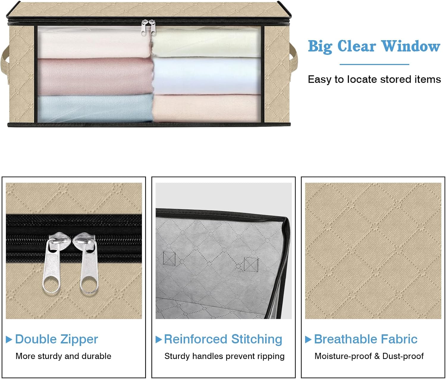 HomeHacks Storage 3-Pack Clothes Organizer Storage Bags Foldable Storage Box with Large Clear Window Sturdy Handles for Closet, Dorm, Pillows, Bedding, Clothes, Blankets, 35L, Beige
