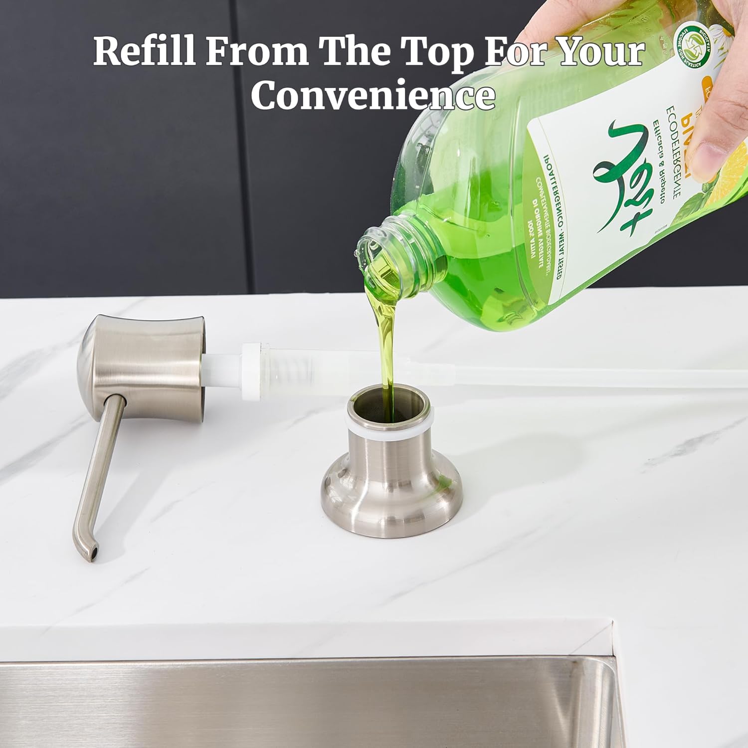 Soap Dispenser for Kitchen Sink Brushed Nickel, Built-in and Refill-from-Top Design with Liquid Hand & Dish Soap Bottle