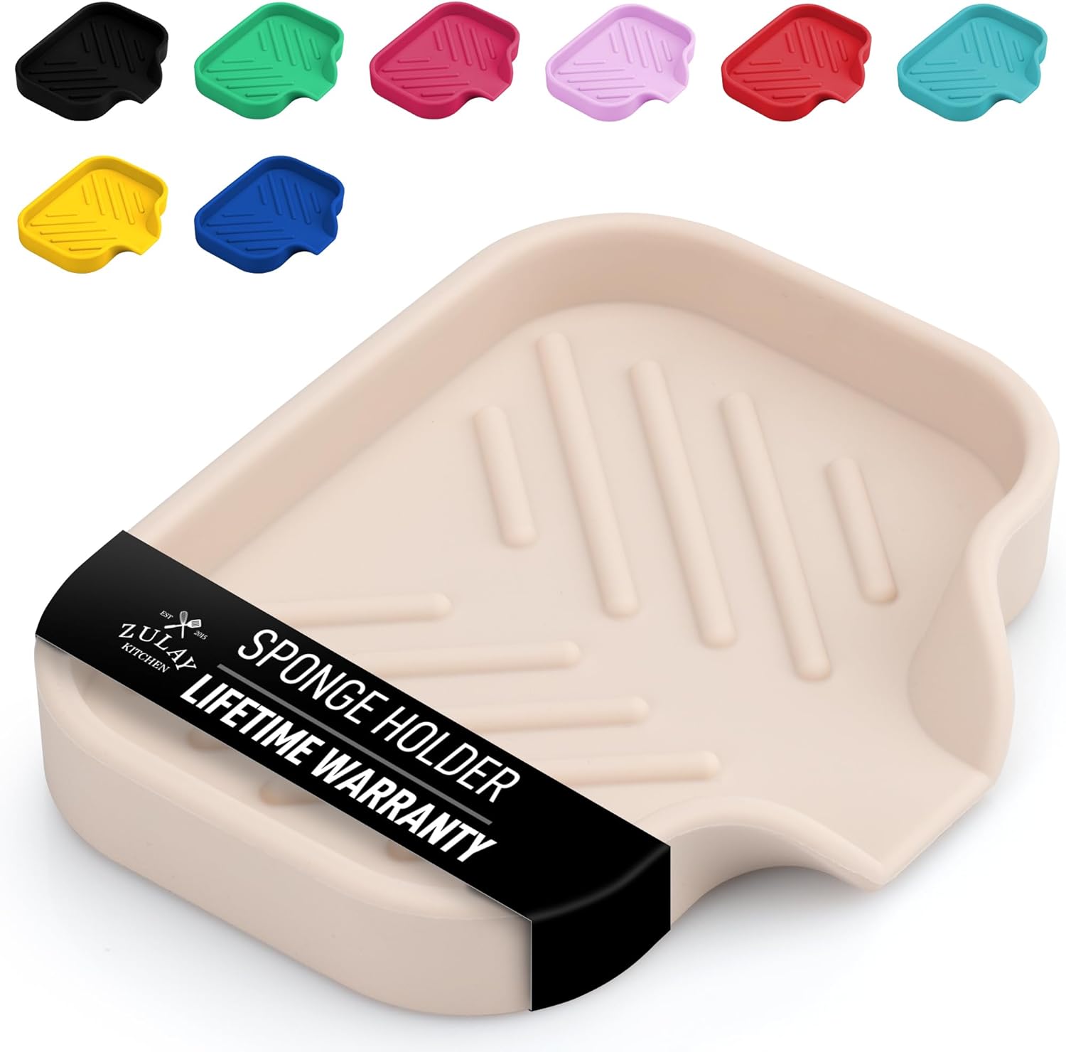 Zulay Kitchen Small Silicone Sponge Holder (4.9x3.3”) – Space-Saving Sink Organizer Tray for Sponge, Soap, Brush & More – Compact Non-Slip Dish for Kitchen & Bathroom (Ivory)