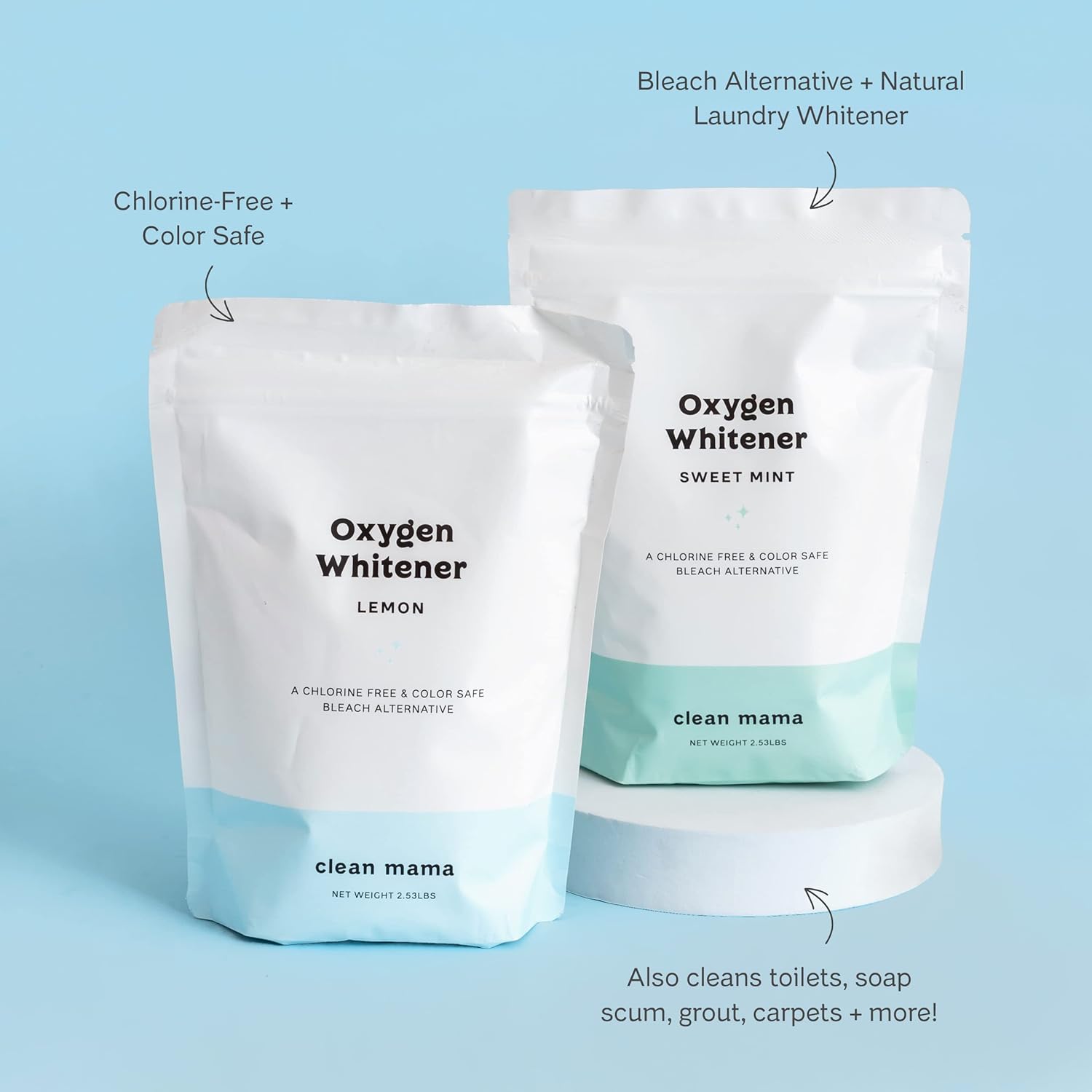 Clean Mama Natural Oxygen Whitener and Stain Remover - Color-Safe Natural Bleach Alternative - Plant-Derived Oxygen Powder, Whitens & Brightens Whites and Colors - Sweet Mint, 2.53 lbs, 2 Pack
