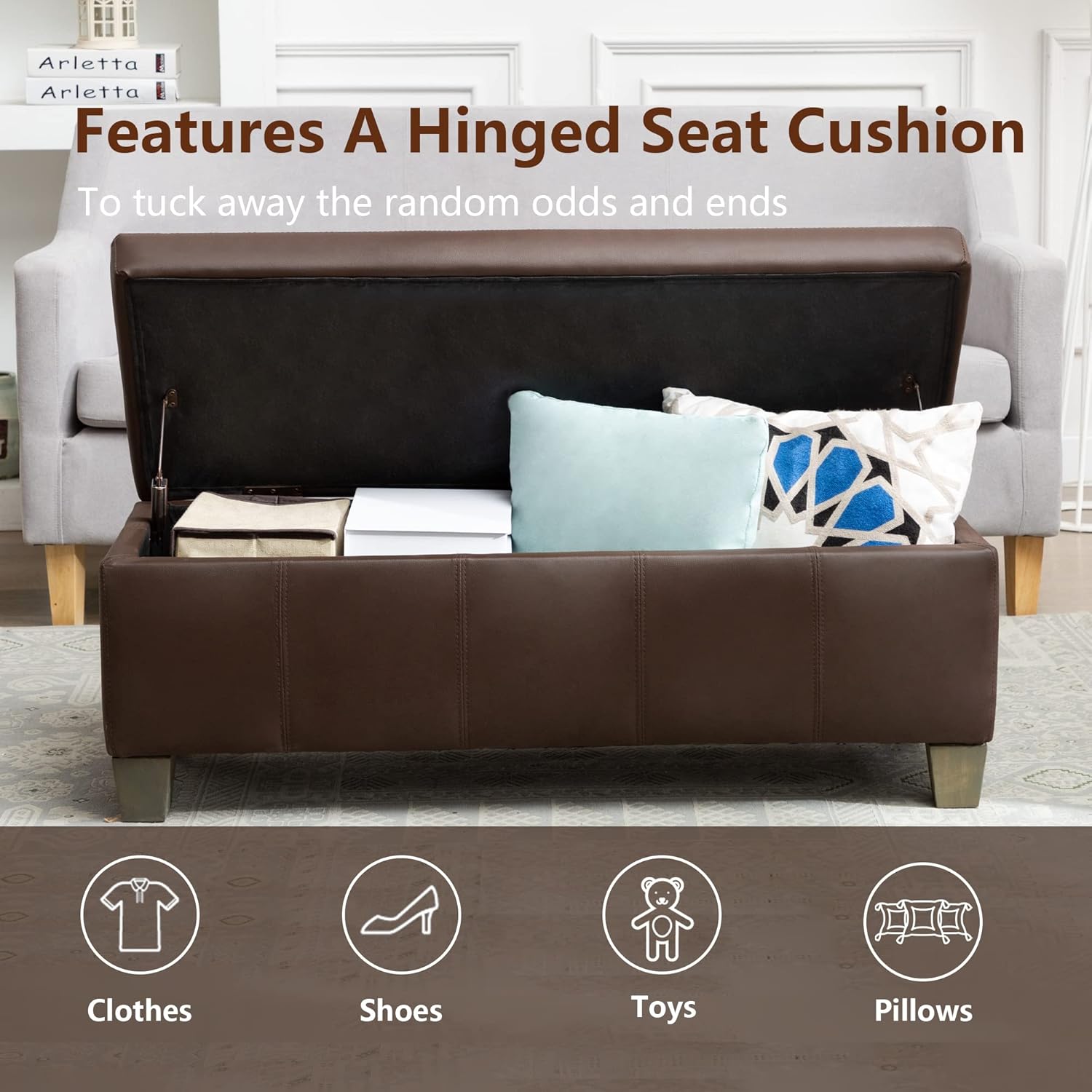Brown Faux Leather Ottoman with Storage, Rectangular Extra Long Storage Bench for Bedroom and Living Room