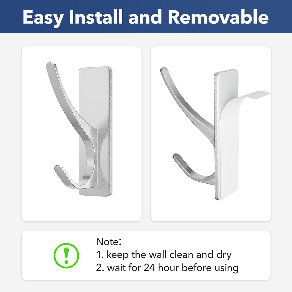 Self-Adhesive Coat Hooks for Hanging - Heavy Duty Stainless Double Wall Hook for Towel, Backpack, Hat, Sturdy Metal Hanger for Bathroom, Bedroom, Door, Wall Mounted, 10-Pack, Silver