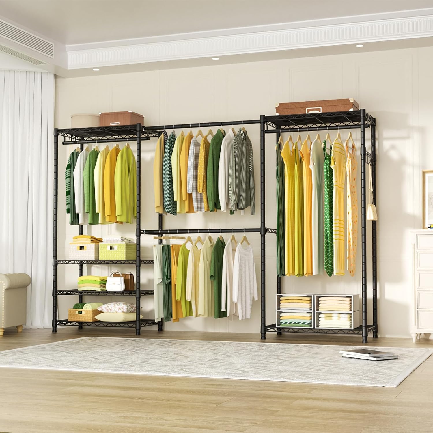 Ulif E1 Heavy Duty Closet Garment Rack, 6 Tiers Adjustable Metal Freestanding Expandable Clothing Storage with 4 Hanger Rods, Easy to Assemble Wardrobe, 71.4" H x (70" - 88.2") L x 14" D, Black