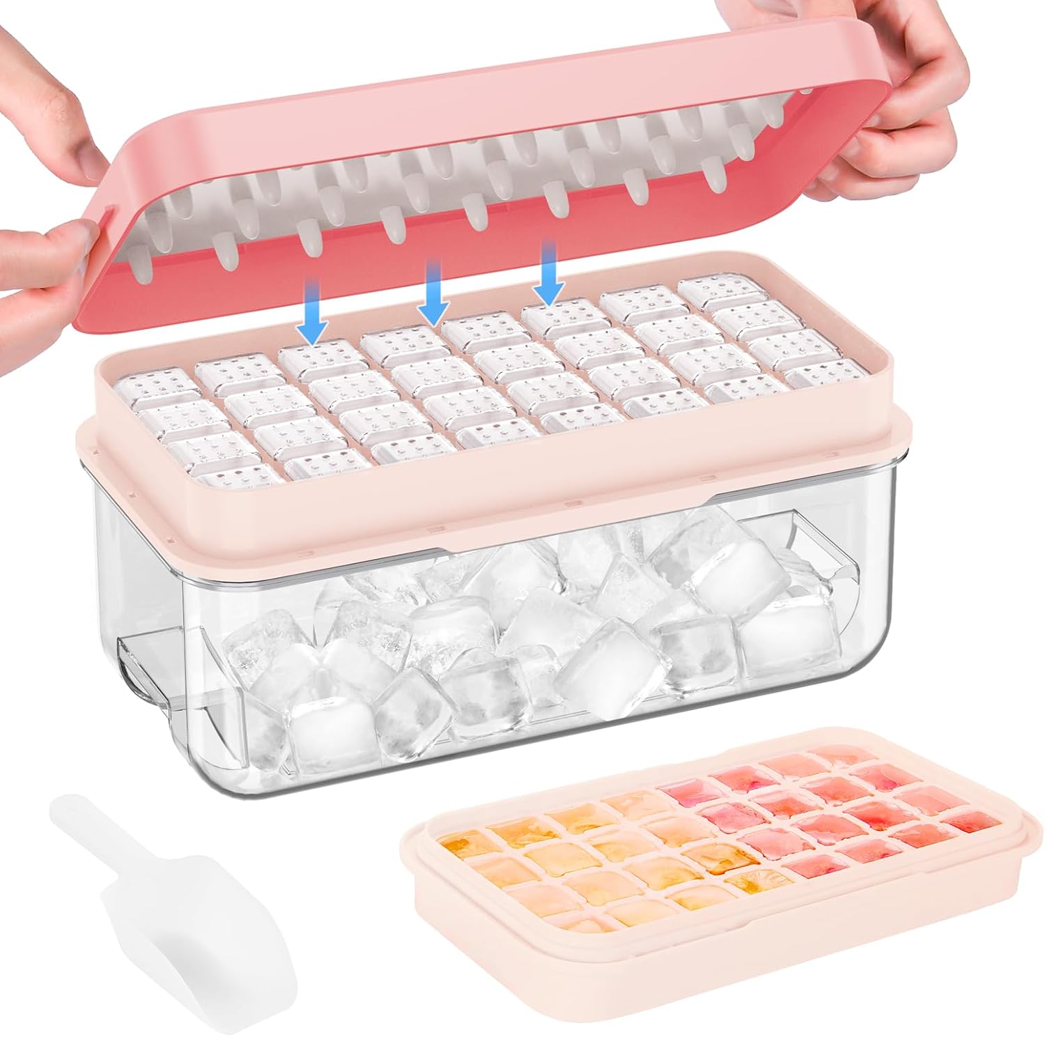 Ice Cube Tray with Lid and Bin, 32 pcs Ice Cubes Molds, Ice Trays for Freezer, Ice Cube Tray Mold, with 1 tray, Ice Freezer Container, Spill-Resistant Removable Lid & Ice Scoop, for Whiskey,Cocktail