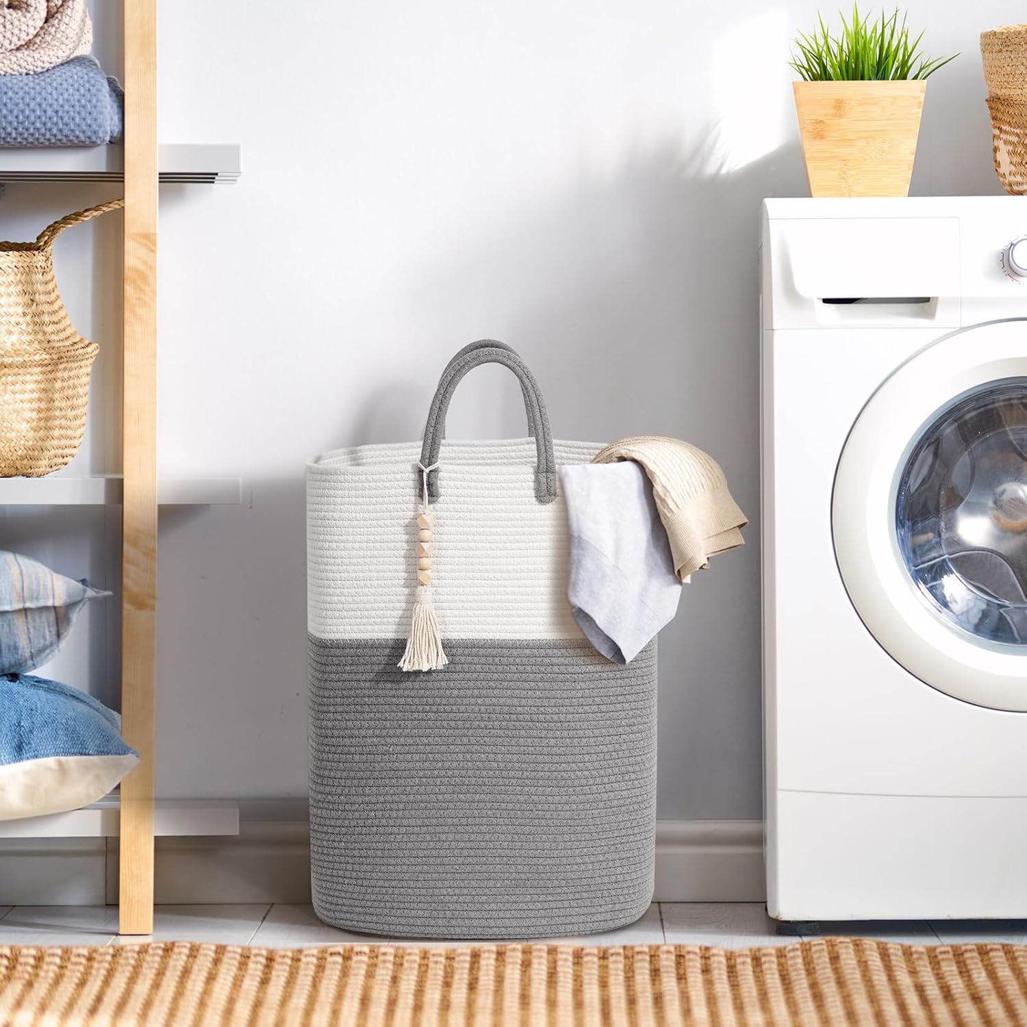 Woven Laundry Basket for Clothes, 100L Large Rectangle Laundry Hampers with Beads Tassel, Nursery Storage Basket for Toys, Tall Dirty Clothes Hamper for Bedroom Aesthetic, Laundry Room Organization