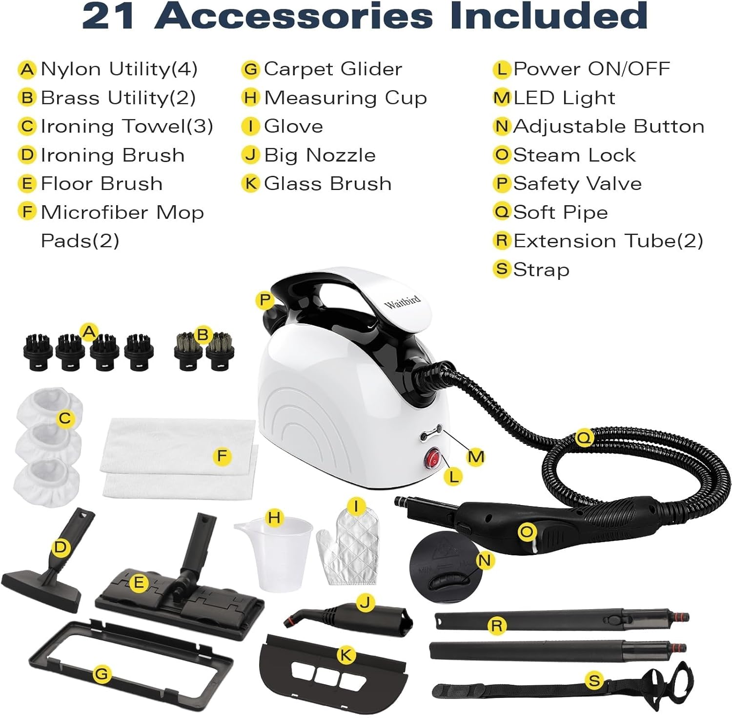Steam cleaner, equipped with 21 specialized accessories, 1.08-liter water tank, 248°F high-temperature steam, suitable for floors, tile grout, tiles, carpets, and cars, chemical-free cleaning (White)