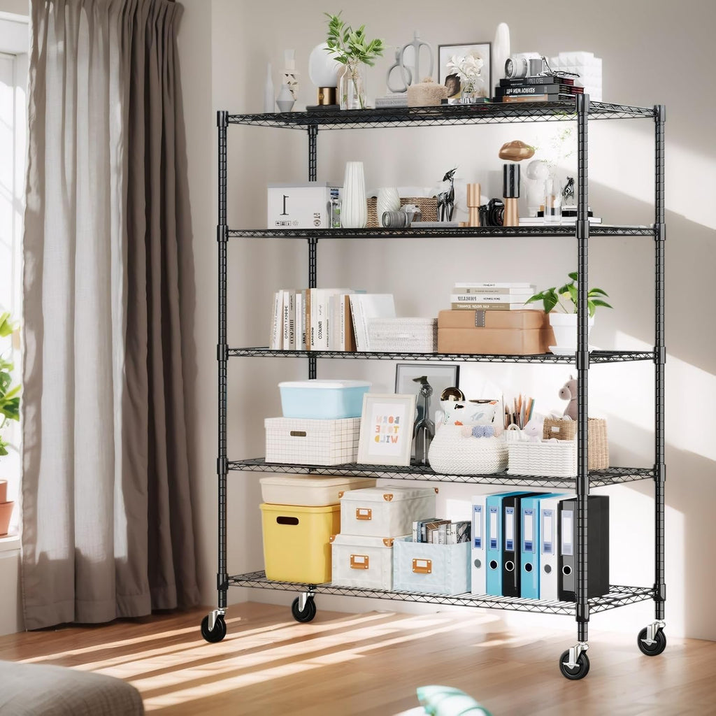 Himimi 82" H Storage Shelves 5 Tier Metal Shelving Adjustable Wire Shelf with Wheels, Heavy Duty Shelving for Garage Kitchen Pantry Bathroom Laundry,18" D*48" W*82" H, Black