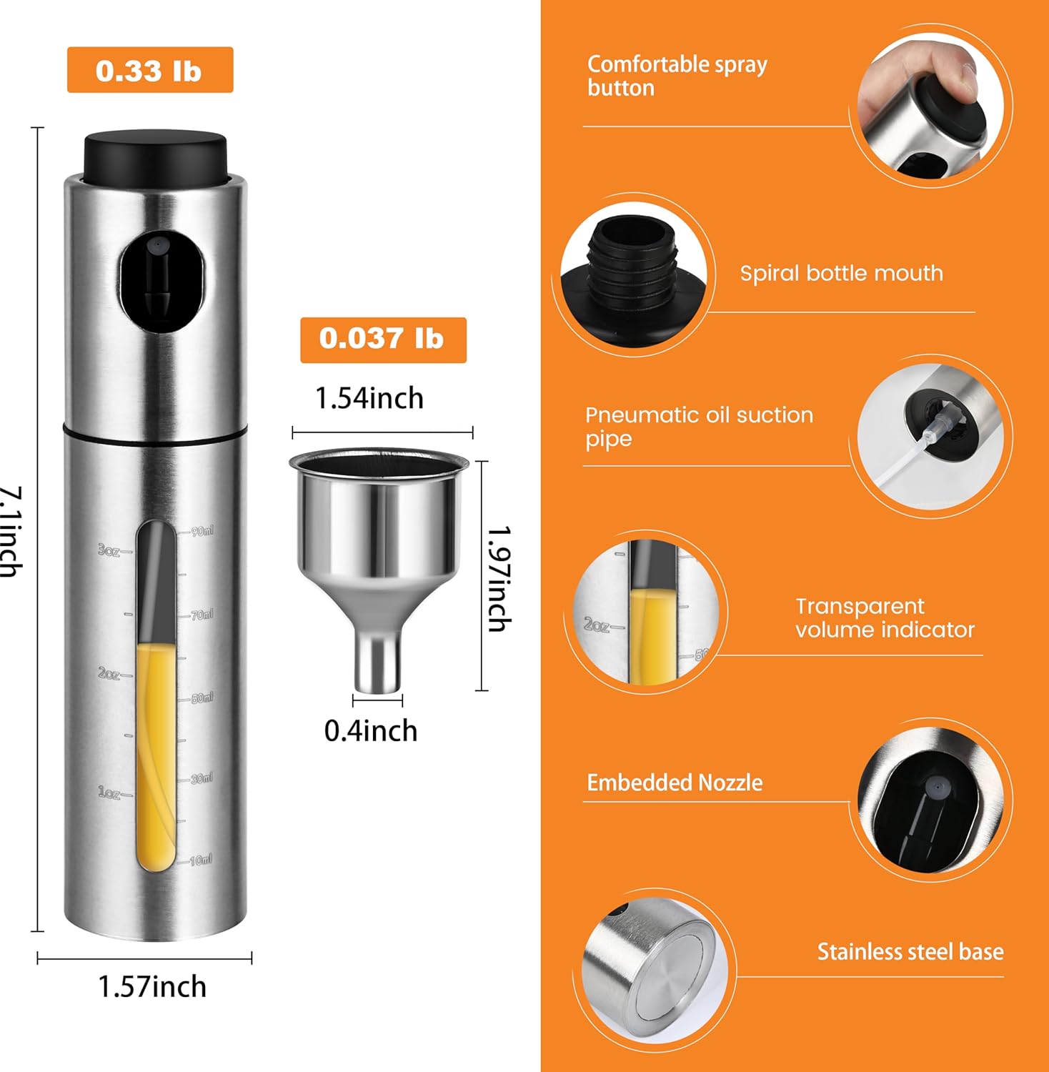 Oil Bottle for Cooking,100ml Stainless Steel Cooking Oil Spray Bottle for,Salads, BBQS and More,One-Handed Use
