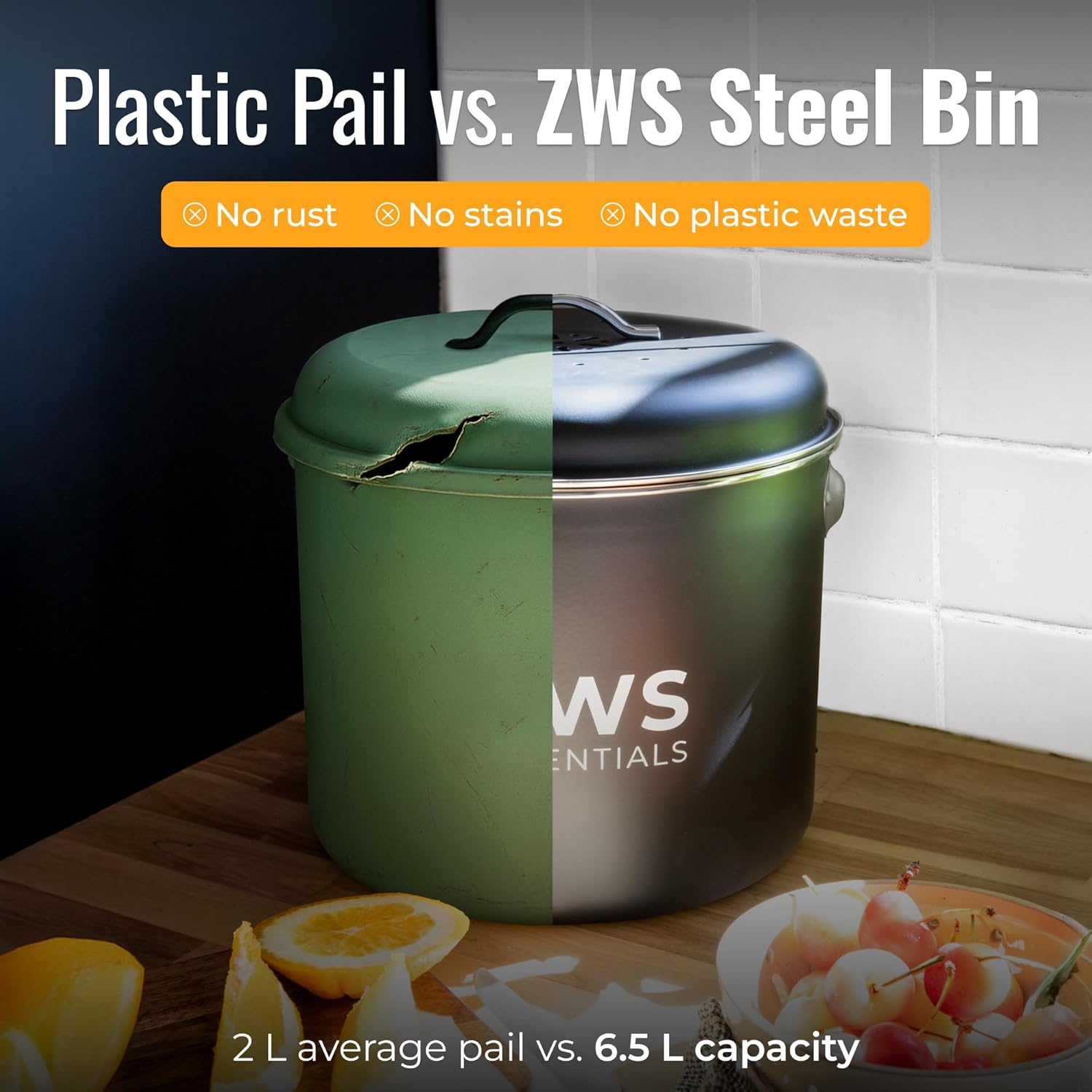 Black Stainless Steel Compost Bin | 6.5L Odor-Free Kitchen Countertop Food Scrap Pail with Charcoal Filter | Compact Zero Waste Solution for Home and Apartment Kitchens