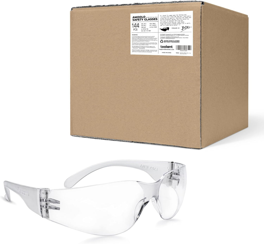 amoolo Safety Glasses for Men Women, Clear Eye Protection for Worl, Lab, Construction (Clear/Adult's Size, 144 Pack)