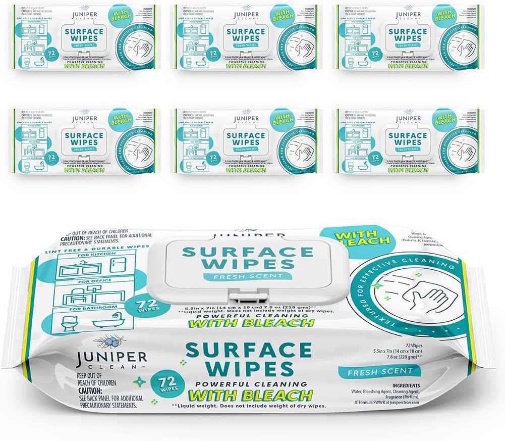 6 Pack Surface Cleaning Wipes with Bleach, All-Purpose Cleaner for Bathroom, Kitchen, Office, 72 Count Soft Flow, Fresh Scent, Lint Free & Durable