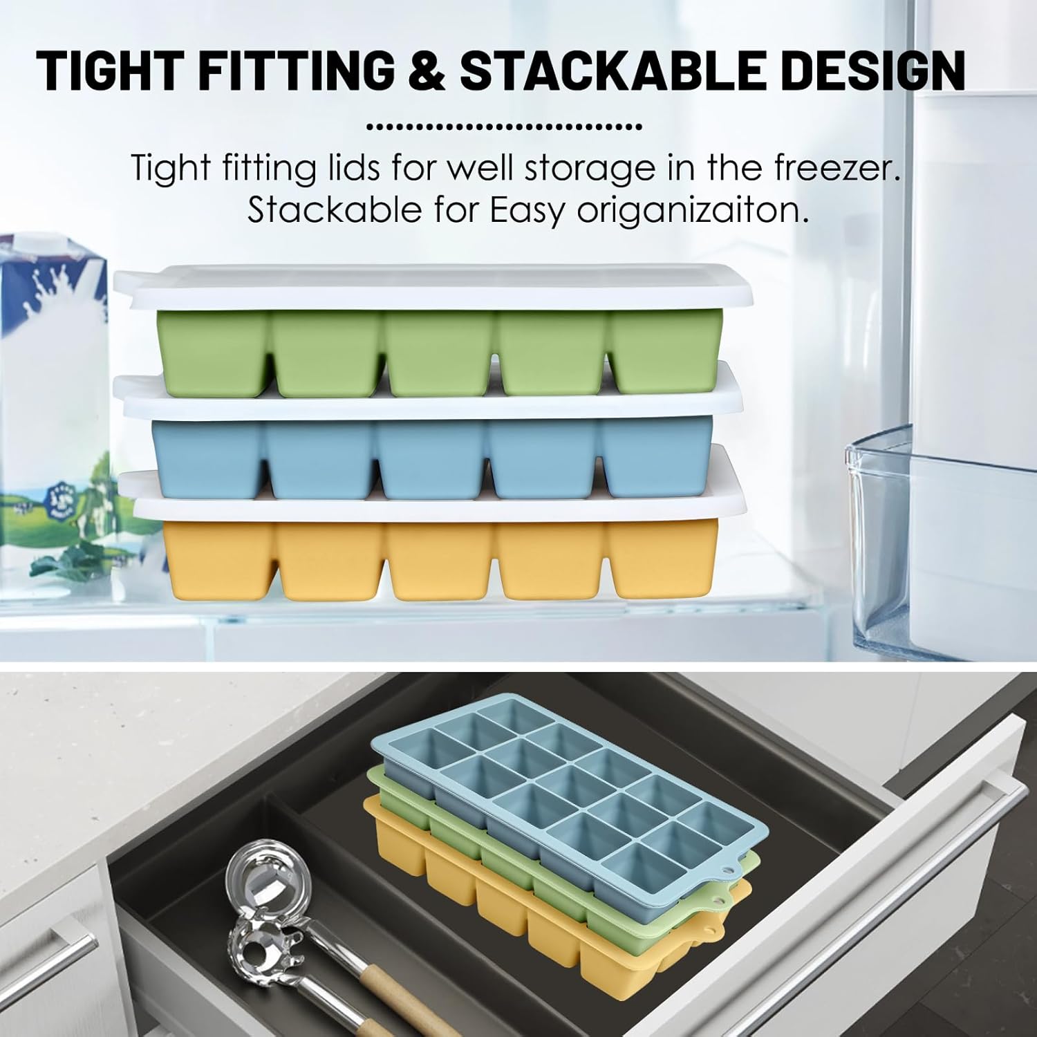 Silicone Ice Cube Trays 3Packs, Easy Release Ice Cube Molds with Lid, Freezer Stackable Ice Maker for Whiskey, Baby Food, BPA Free (3, Blue+Green+Yellow)