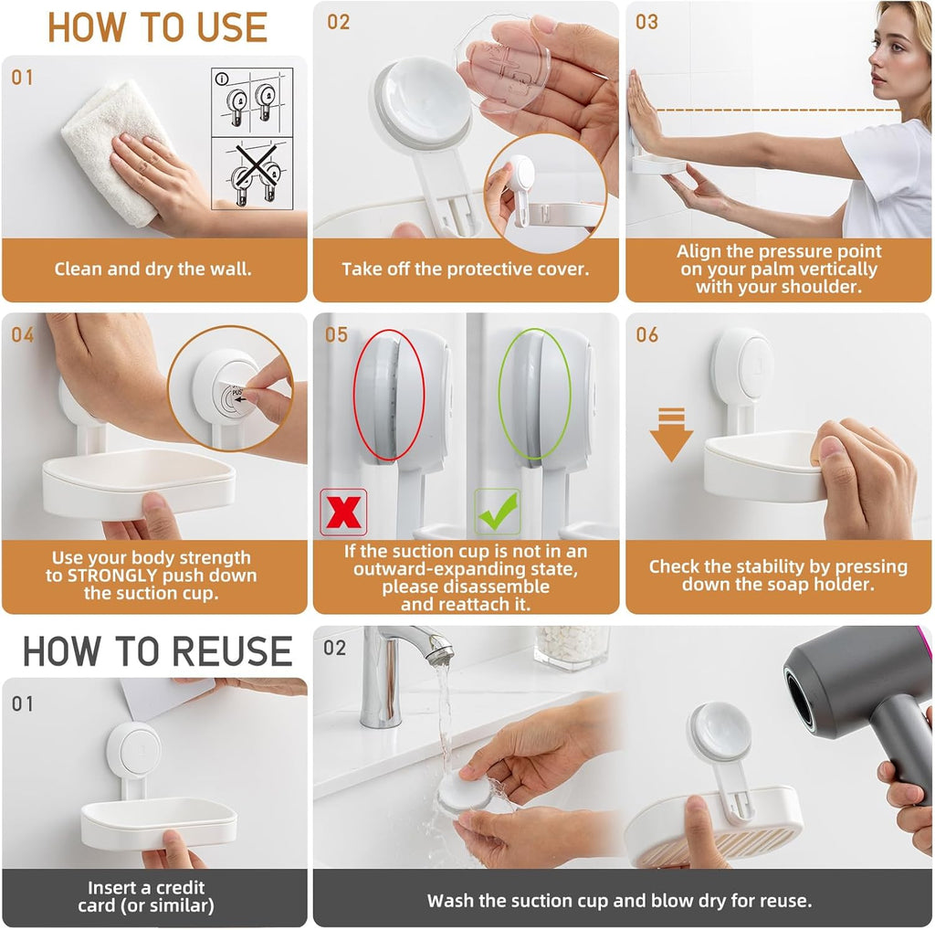 LEVERLOC Soap Dish Holder for Shower Suction Cup Wall Mounted Self Draining NO-Drilling Removable Bar Soap Sponge Holder for Bathroom Bathtub Kitchen Sink Waterproof Strong Vacuum Suction Adhesion