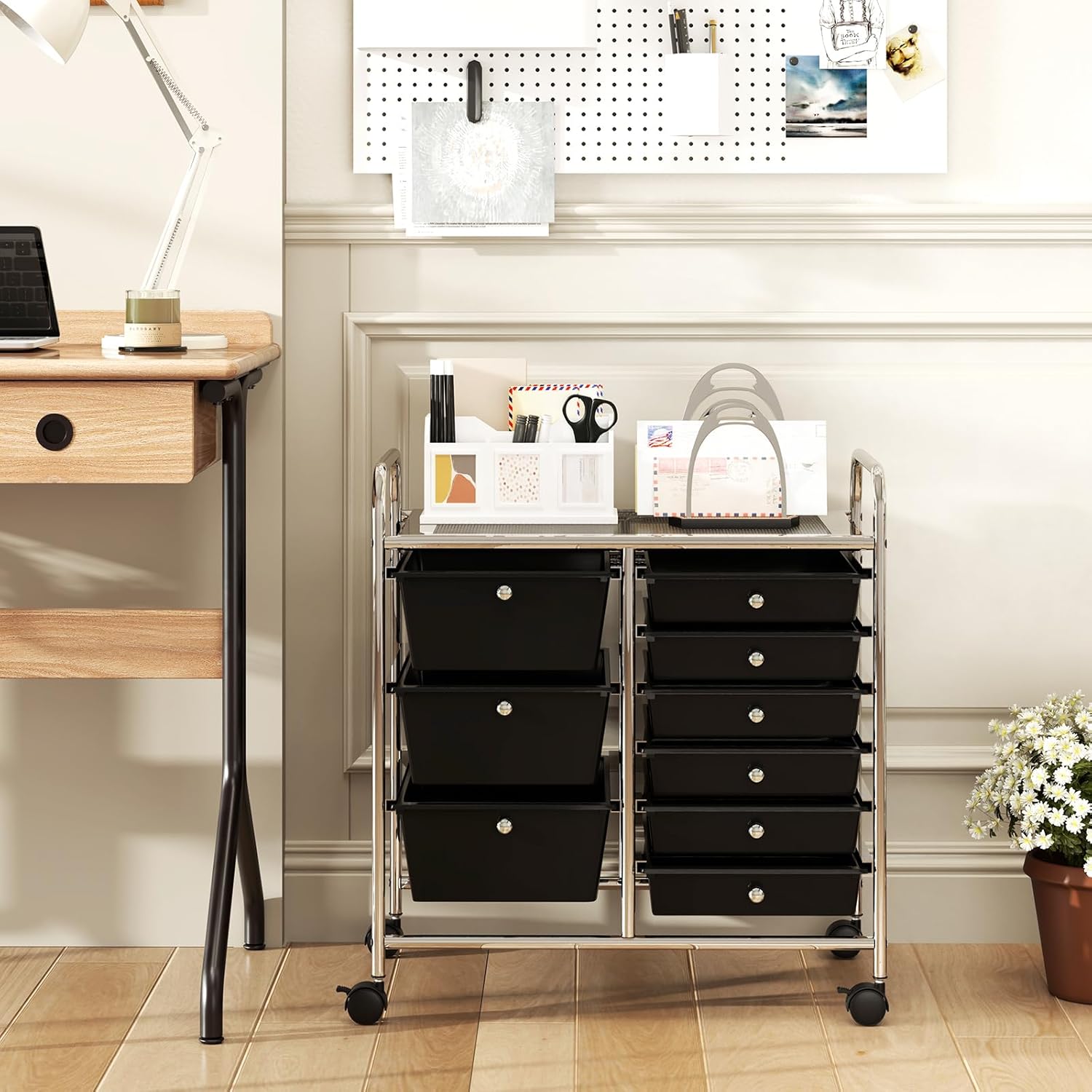 GOFLAME 9-Drawer Rolling Storage Cart, Mobile Utility Cart with Removable Drawers & Metal Frame, Art Craft Organizer Cart with Lockable Wheels, Storage Drawer Cart for Home Office School, Black