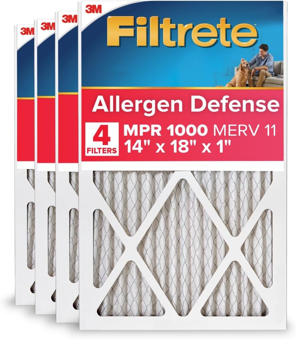 Filtrete 14x18x1 AC Furnace Air Filter, MERV 11, MPR 1000, Micro Allergen Defense, 3-Month Pleated 1-Inch Electrostatic Air Cleaning Filter, 4 Pack (Actual Size 13.81 x 17.81 x 0.81 in)