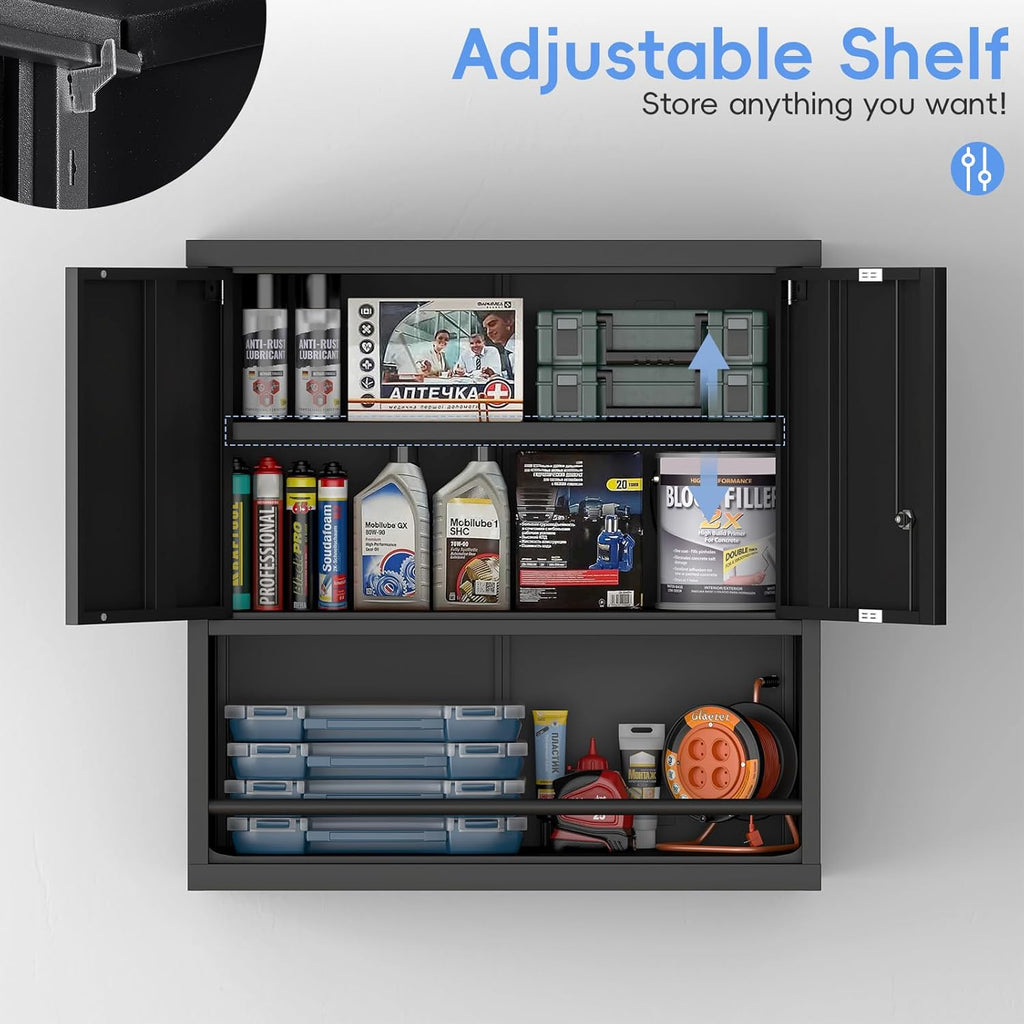 Locking Cabinet, Black Wall Storage Cabinet with Shelves, Hanging Cabinets with Open Storage, Small Wall Cabinet, Lockable Tool Cabinet for Basement, School, Office