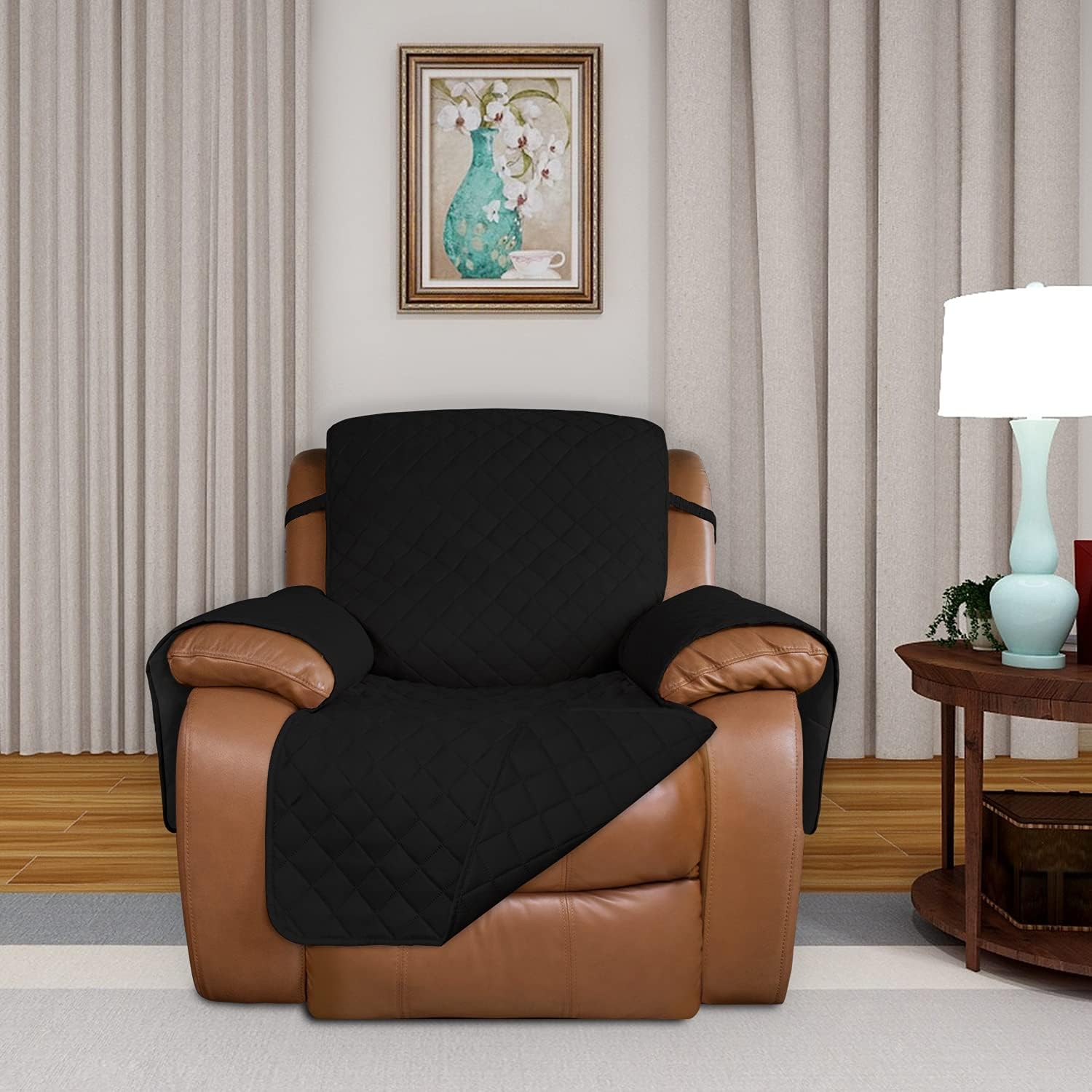 PureFit Reversible Quilted Oversized Recliner Sofa Cover, Water Resistant Furniture Protector, Washable Couch Cover with Elastic Straps for Kids, Pets (Large, Black/Black)