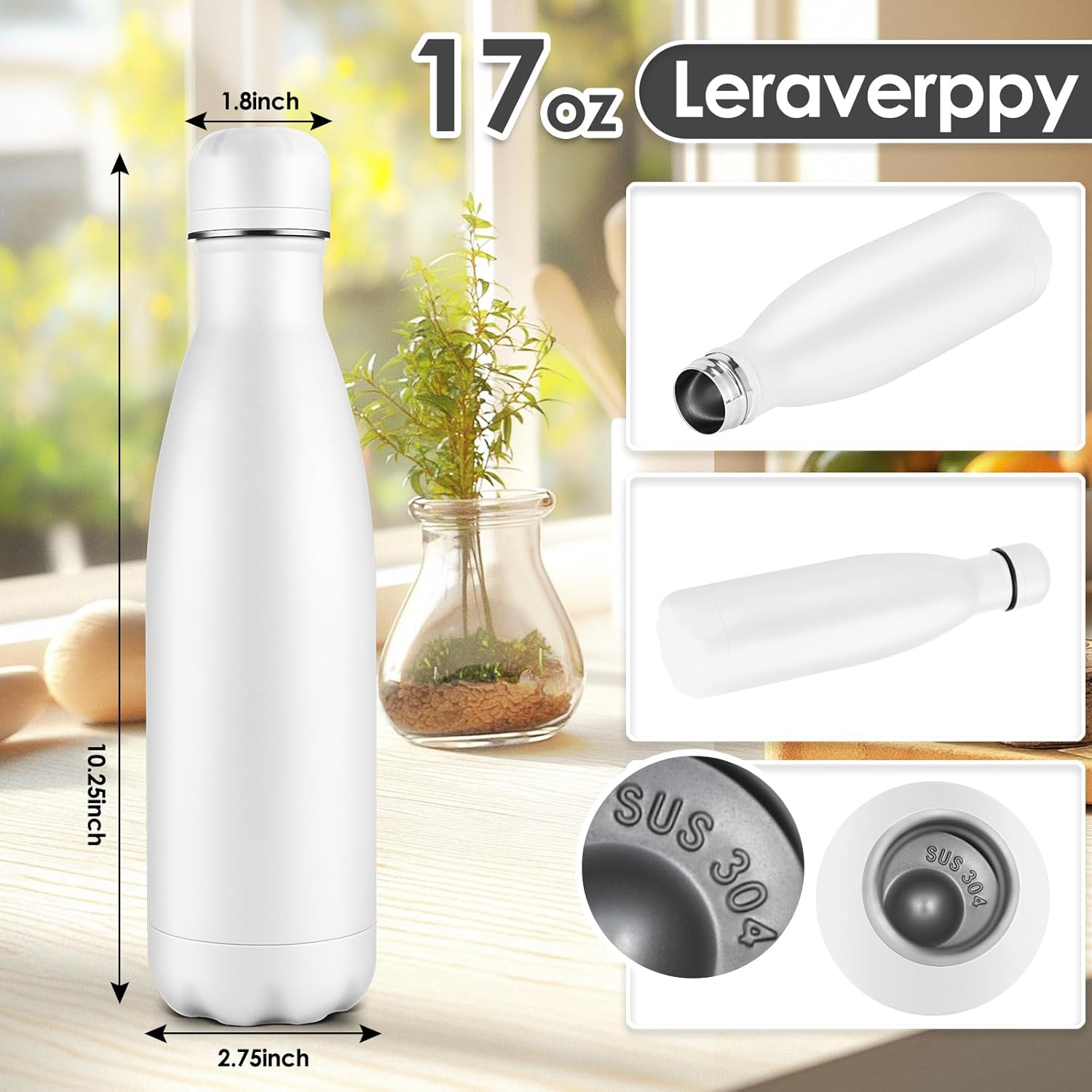 17oz Cola-Bottle Shaped Stainless Steel Leak-proof Water Bottle,Double Wall Vacuum Insulated Metal,Travel Mug For Sports Indoors & Outdoors,BPA-Free School Kids Flasks,White(4Pack)
